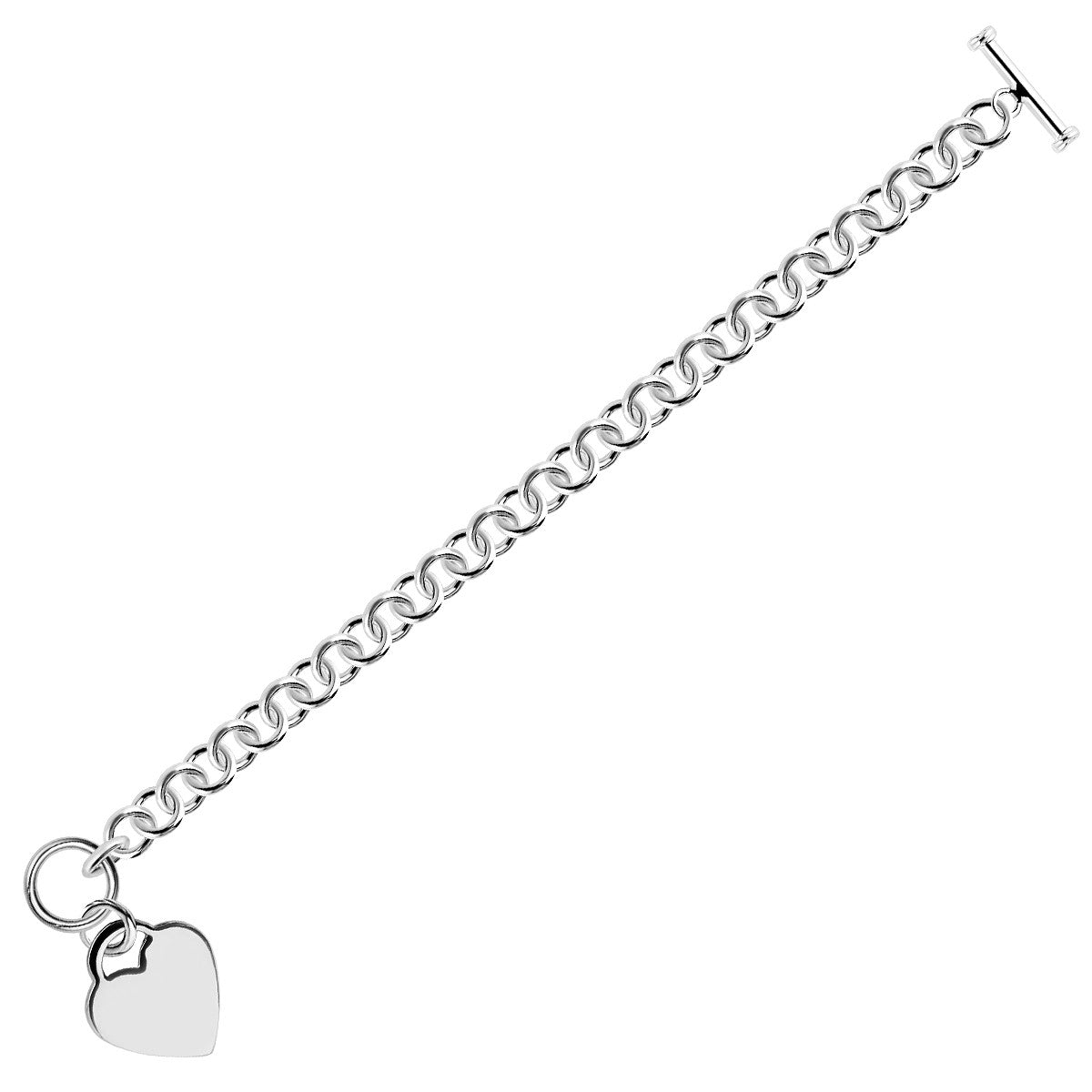 Bracelet chaîne maille rolo en argent sterling plaqué rhodium avec breloque cœur