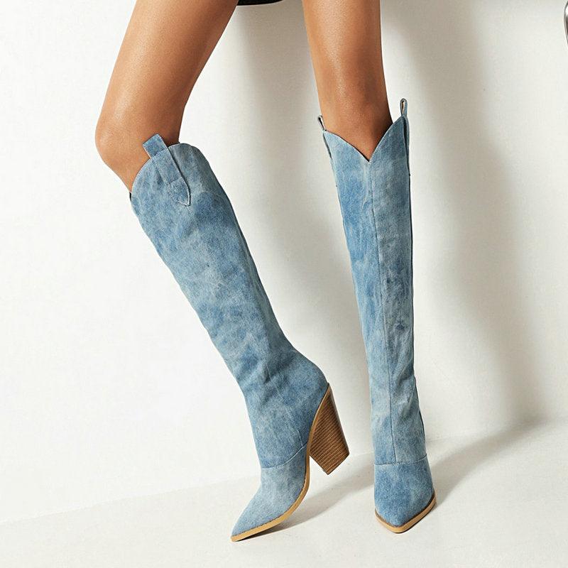 Bottes de cowgirl genouillères en jean tie-dye