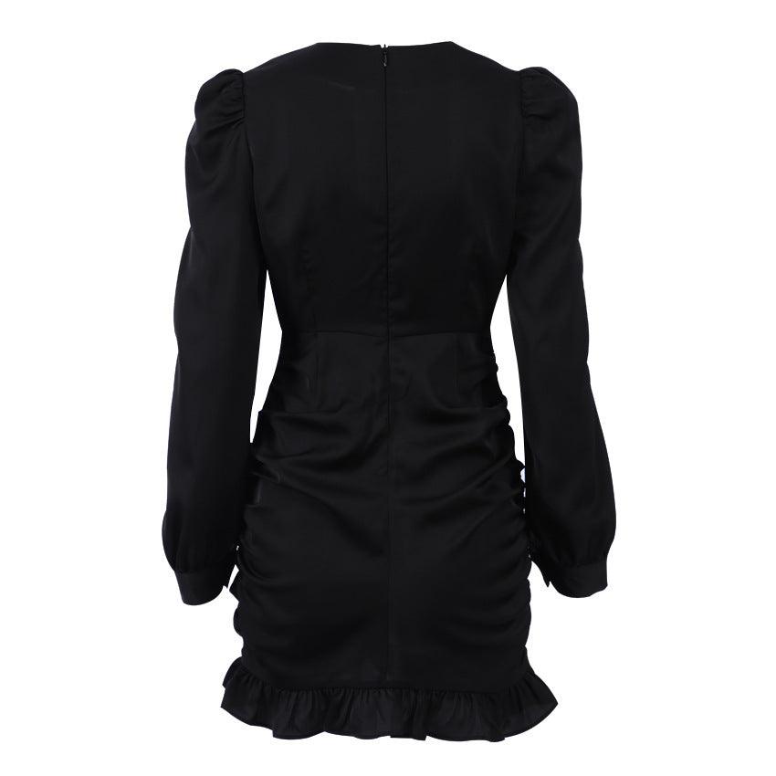 Robe noire plissée à manches longues – Robe élégante et tendance pour femme