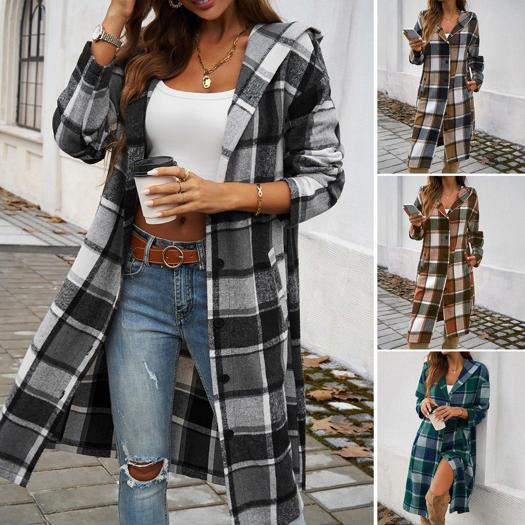 Veste à capuche contrastée – Vêtement d'extérieur élégant de cow-girl à motif à carreaux