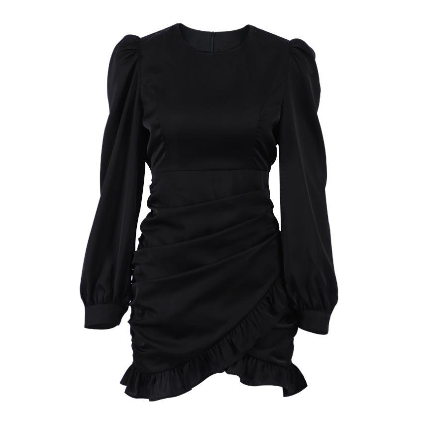 Robe noire plissée à manches longues – Robe élégante et tendance pour femme