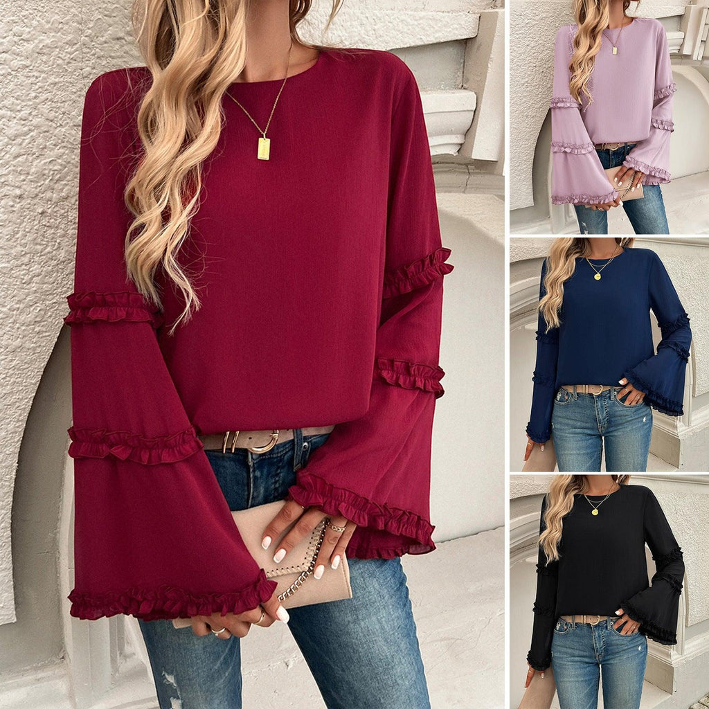 Chemisier élégant à manches trompettes pour femme - Blouse à volants tendance pour femmes stylées