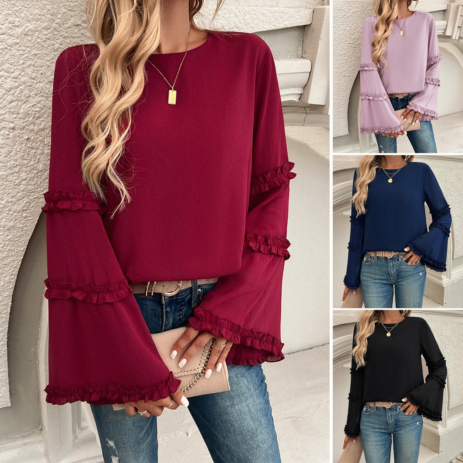 Chemisier élégant à manches trompettes pour femme - Blouse à volants tendance pour femmes stylées