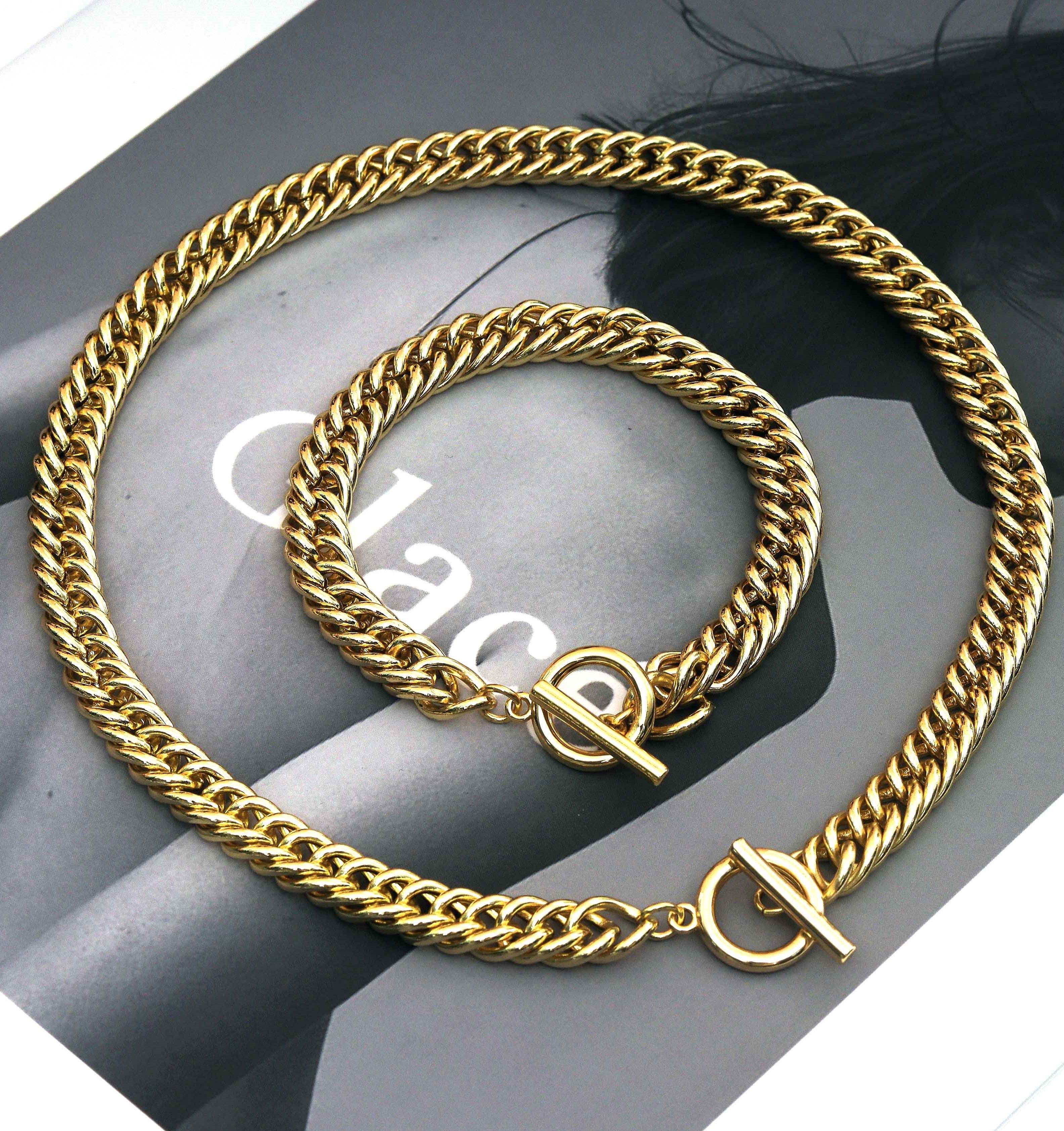 Gold Link Chain Necklace Bracelet with Toggle clasp, statement necklace bracelet, sku#EF169