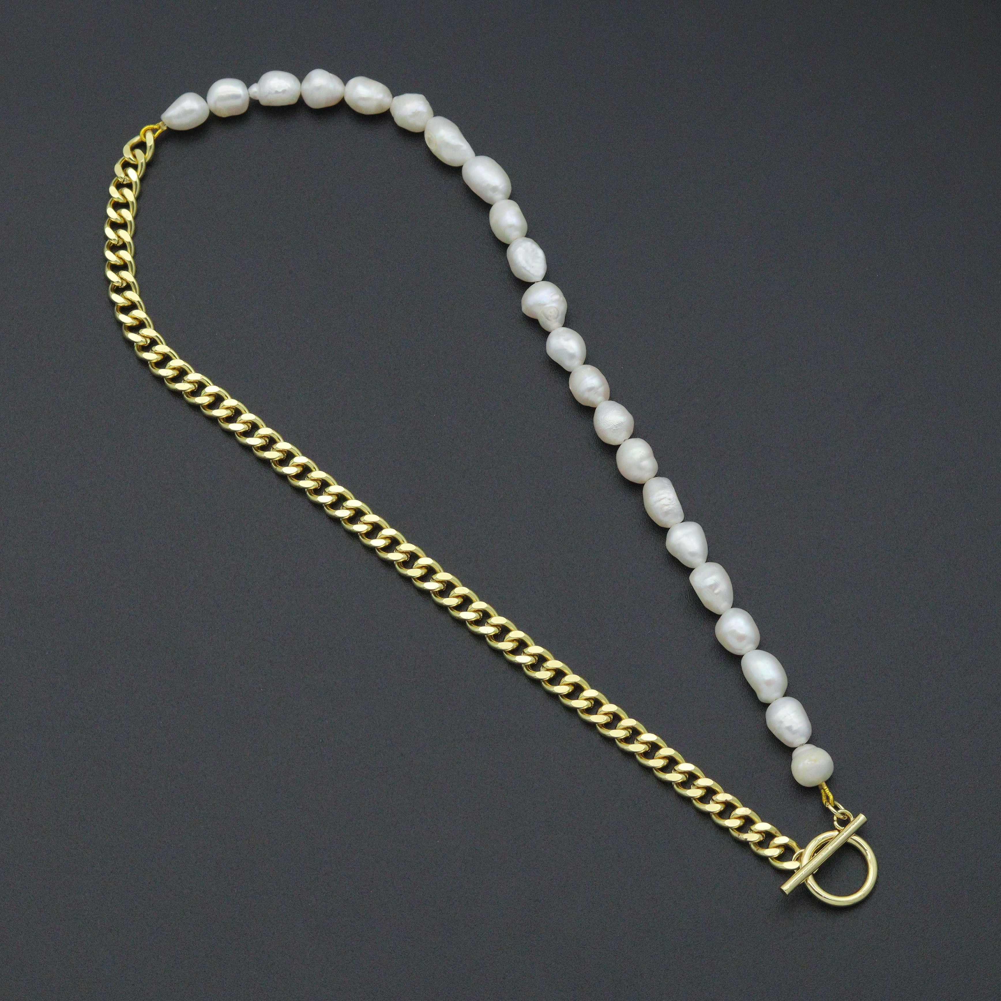 Freshwater Pearl Gold Curb Cuban Chain Necklace, Sku#EF212