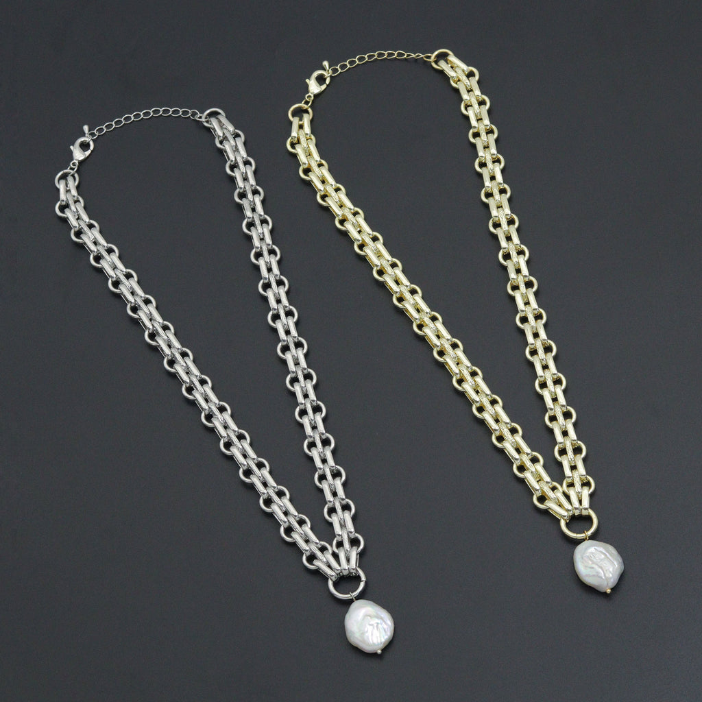 Thick Link Chain Necklace with Freshwater Pearl Pendant Necklace, Sku#EF504