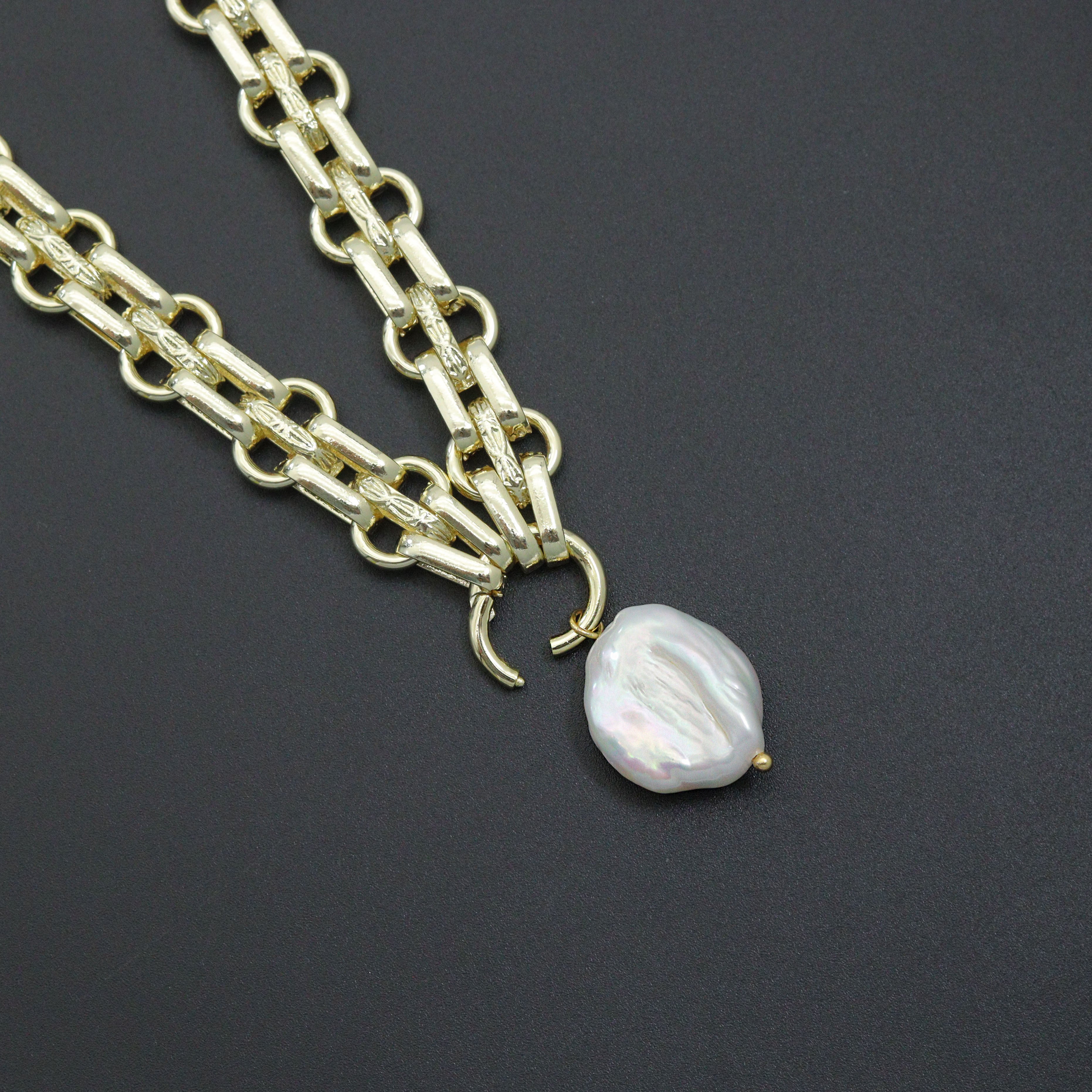Thick Link Chain Necklace with Freshwater Pearl Pendant Necklace, Sku#EF504
