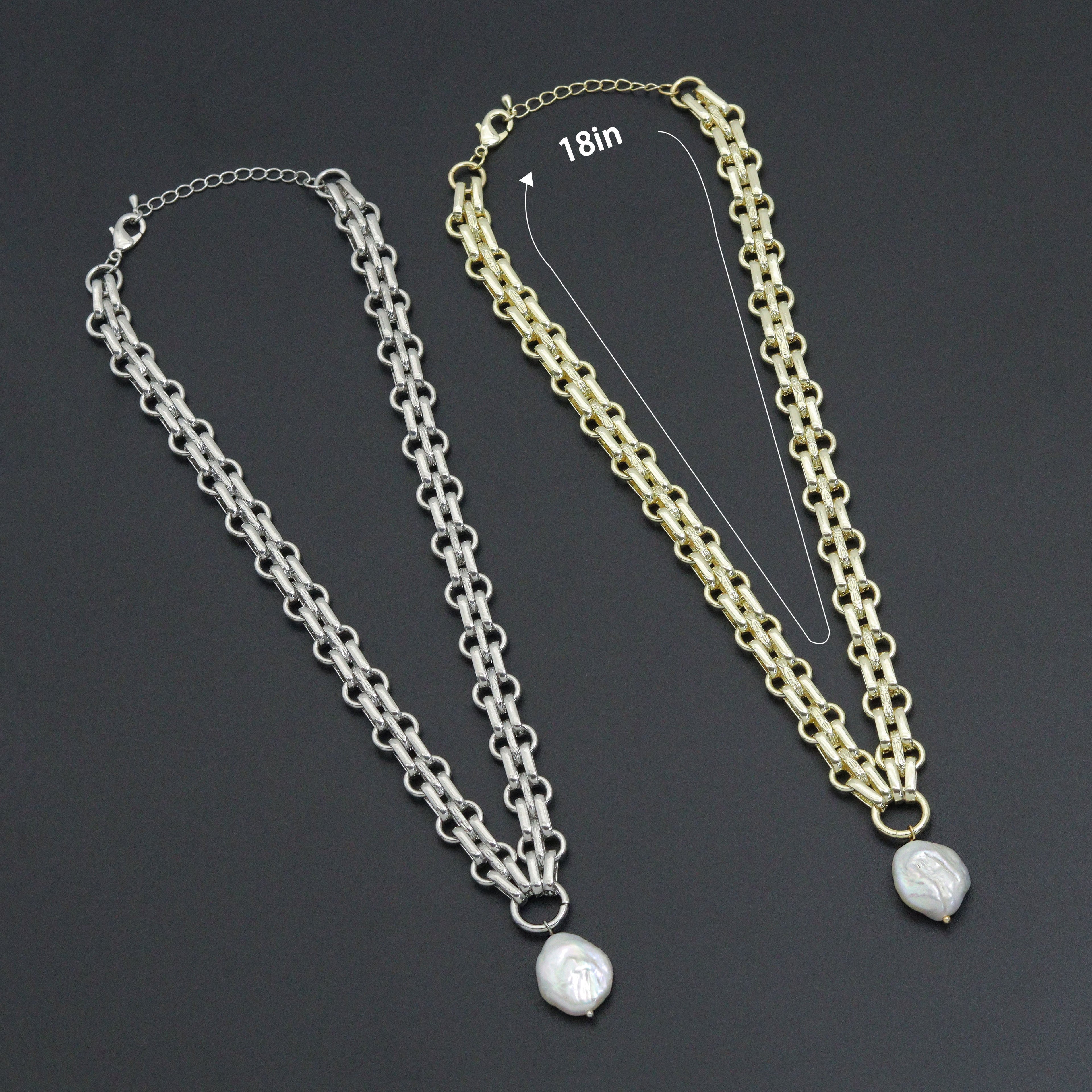 Thick Link Chain Necklace with Freshwater Pearl Pendant Necklace, Sku#EF504