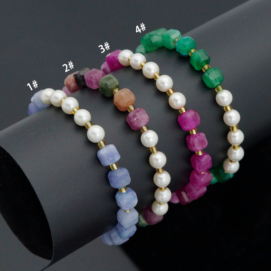 8mm Faceted Cube Jade with MOP Stretchy Bracelet, Sku#EF707-2
