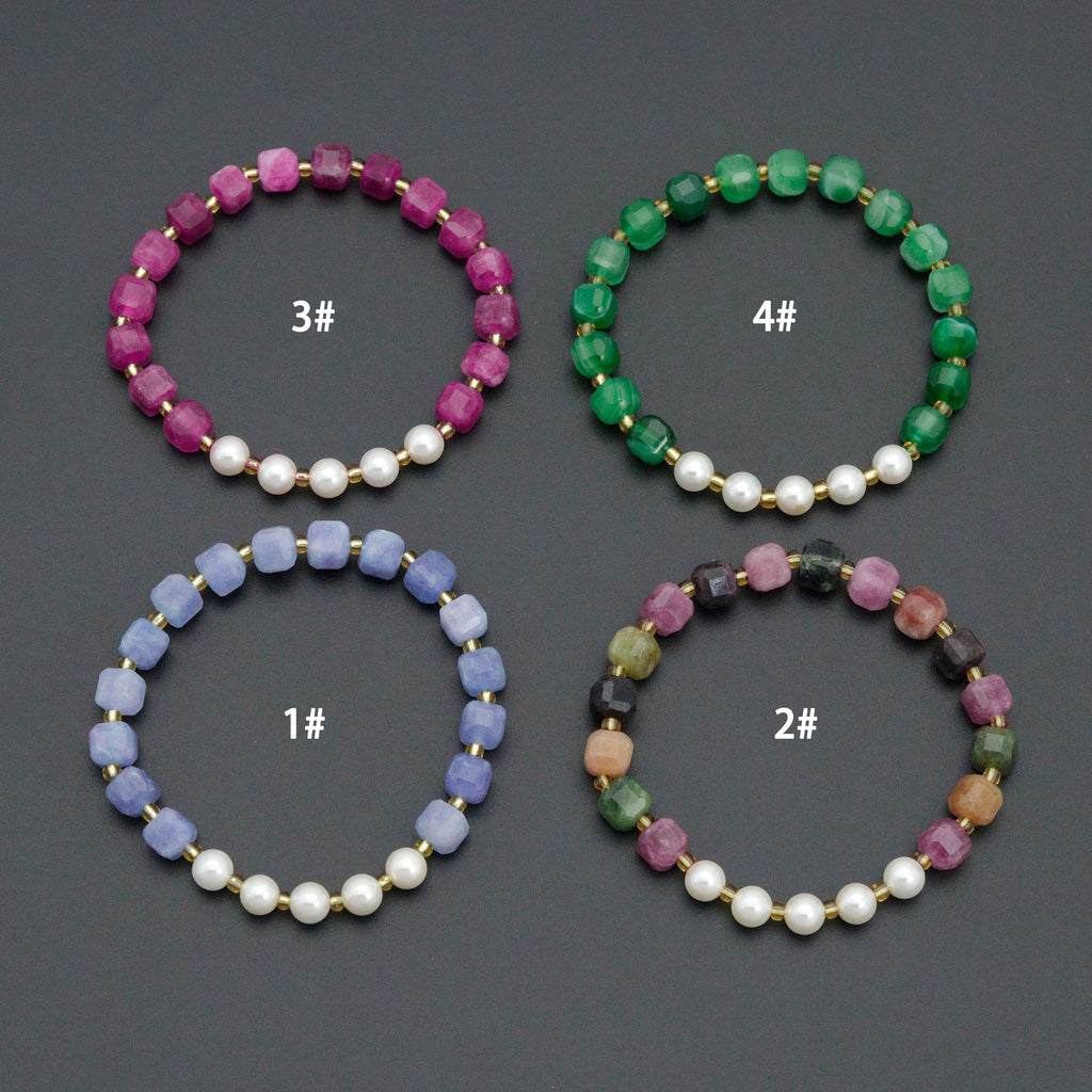 8mm Faceted Cube Jade with MOP Stretchy Bracelet, Sku#EF707-2