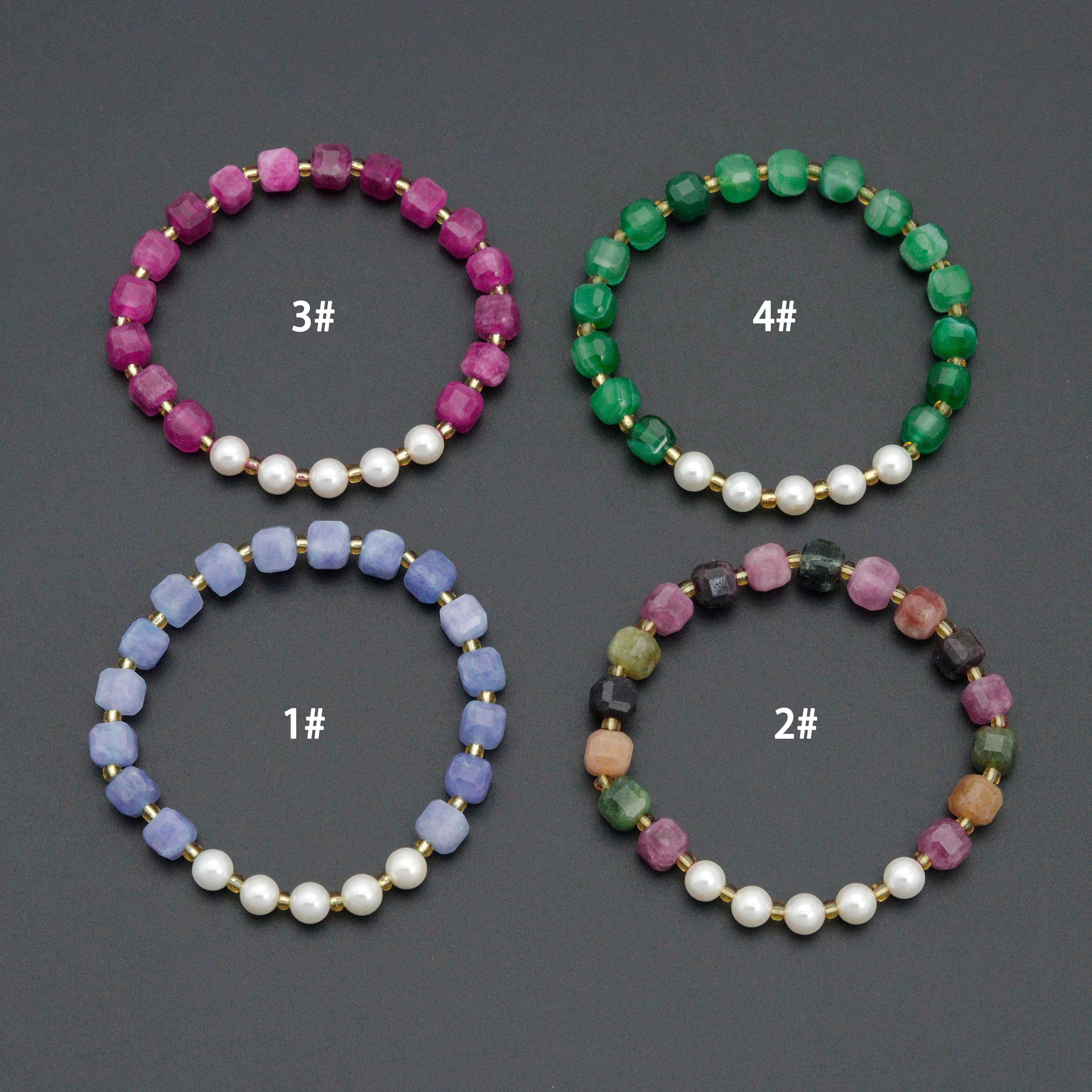 8mm Faceted Cube Jade with MOP Stretchy Bracelet, Sku#EF707-2