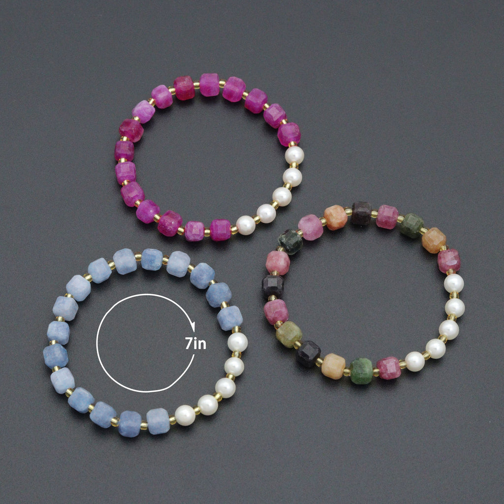 8mm Faceted Cube Jade with MOP Stretchy Bracelet, Sku#EF707-2