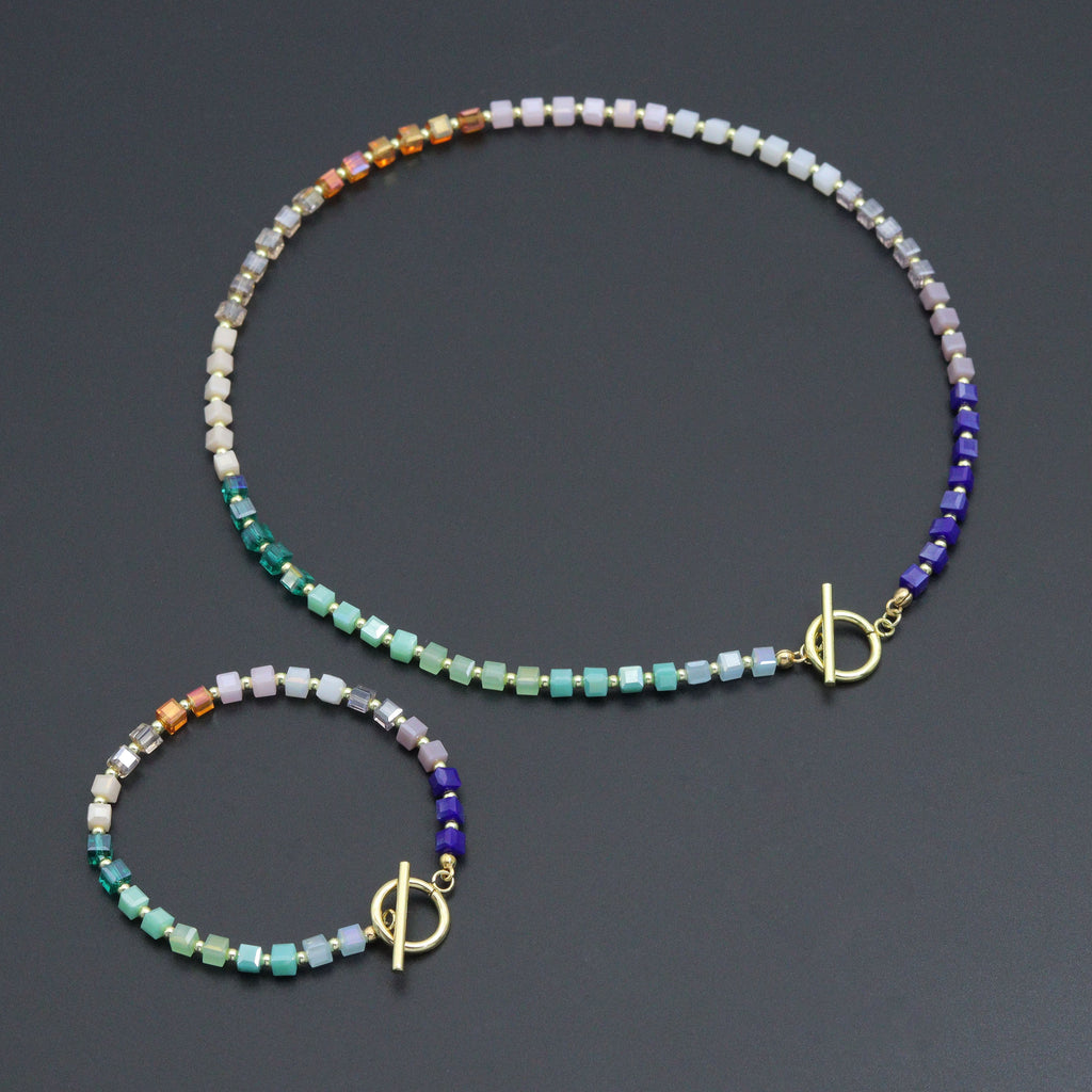 Rainbow Color Cube Stone Necklace/Bracelet with Toggle clasp, sku#EF763