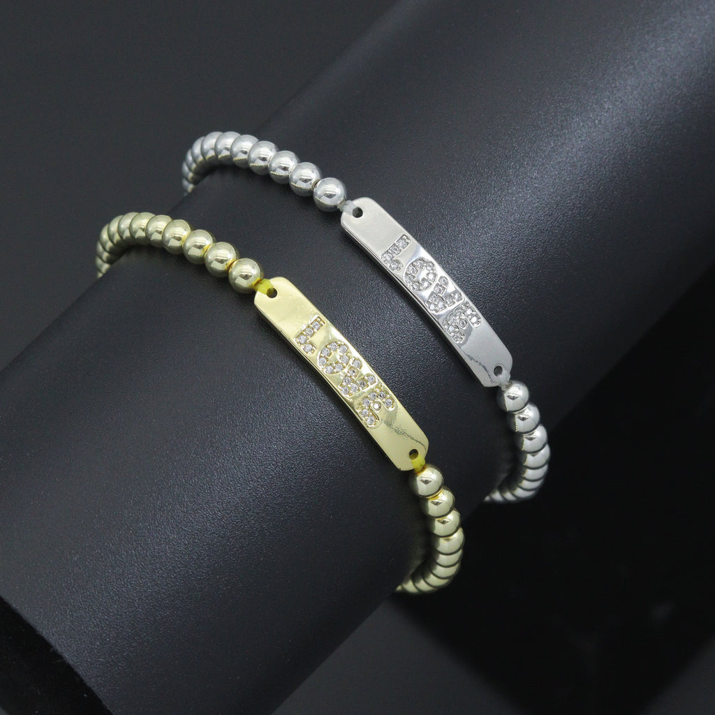 Gold Silver Hematite with Love bar Stretchy Bracelet, Sku#EF775