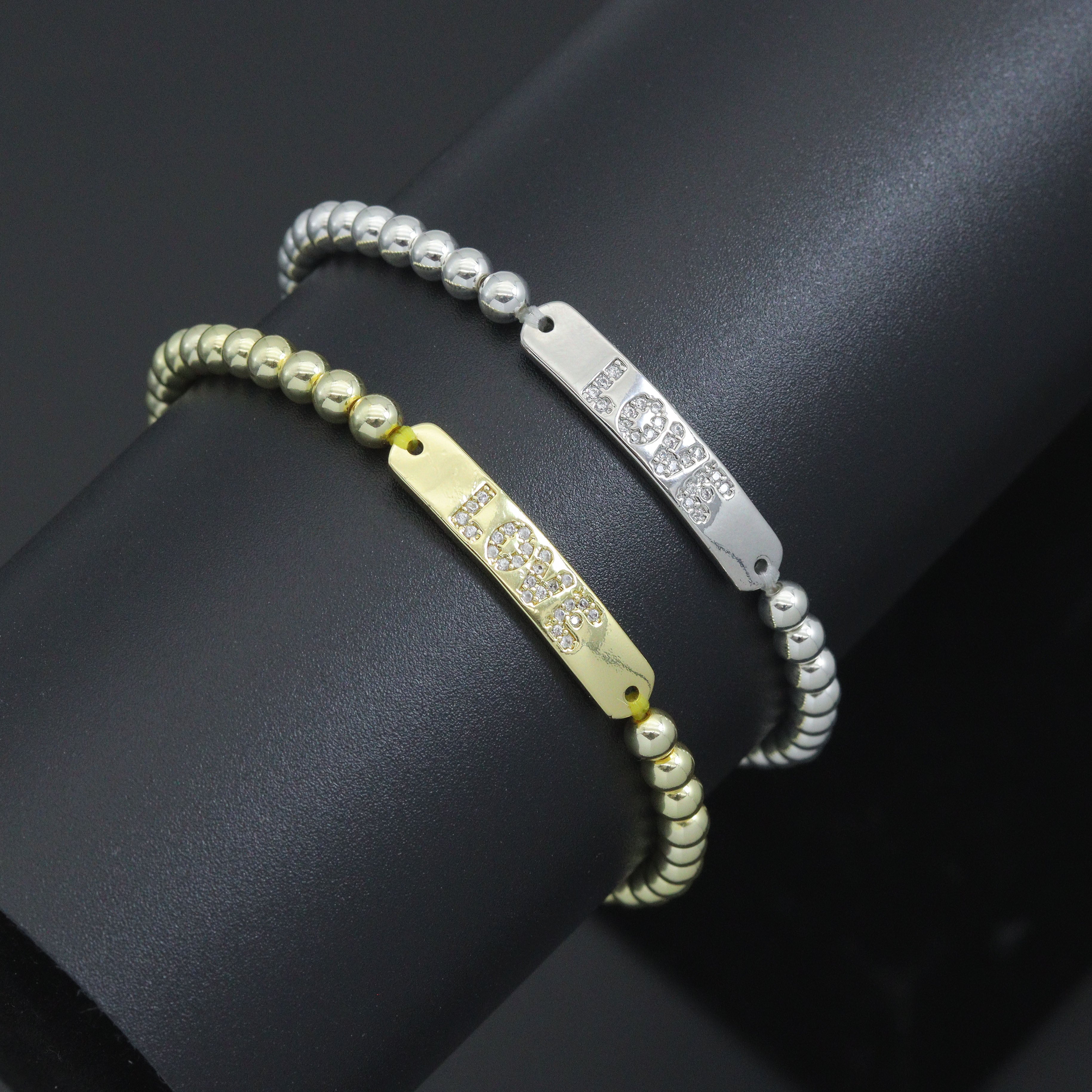 Gold Silver Hematite with Love bar Stretchy Bracelet, Sku#EF775