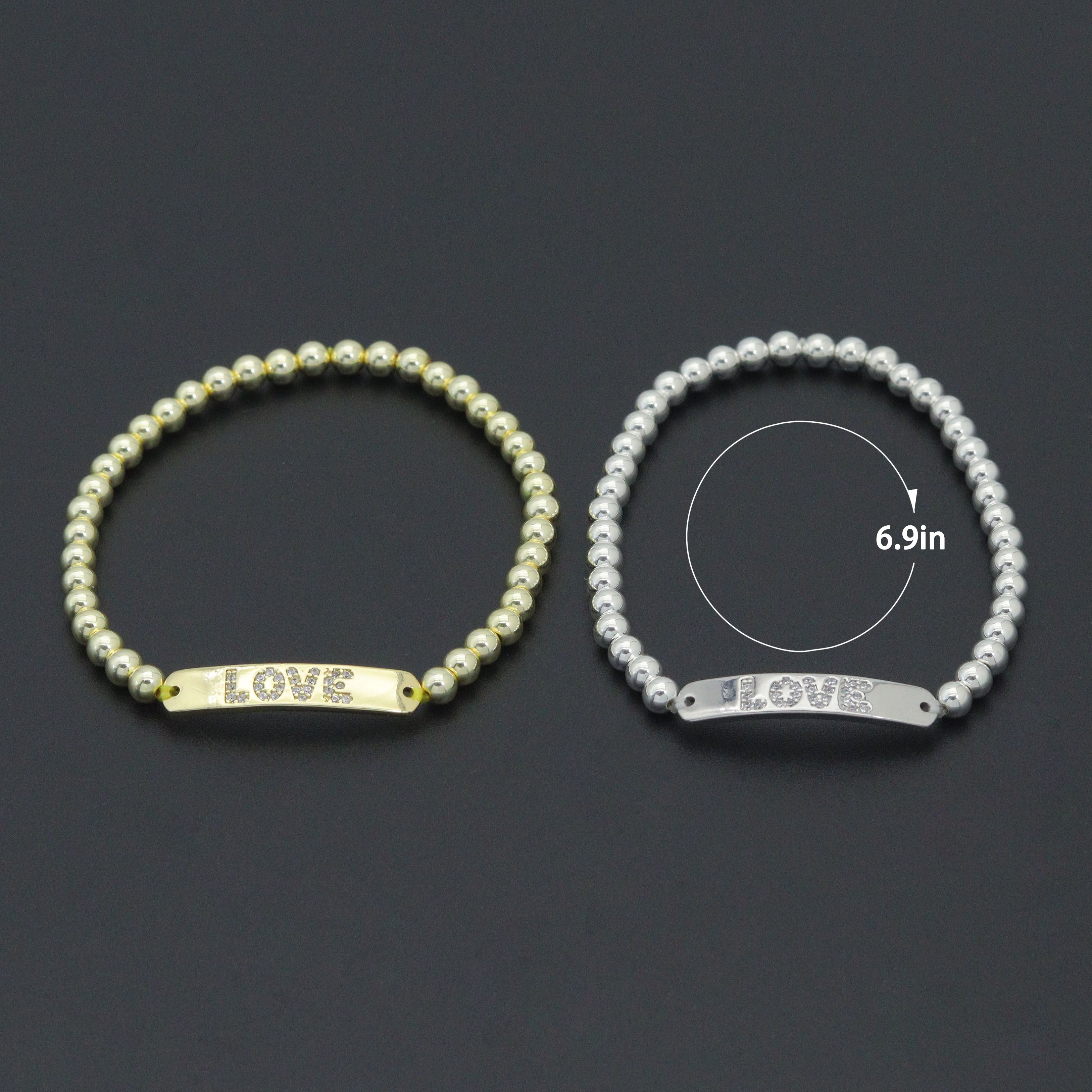 Gold Silver Hematite with Love bar Stretchy Bracelet, Sku#EF775