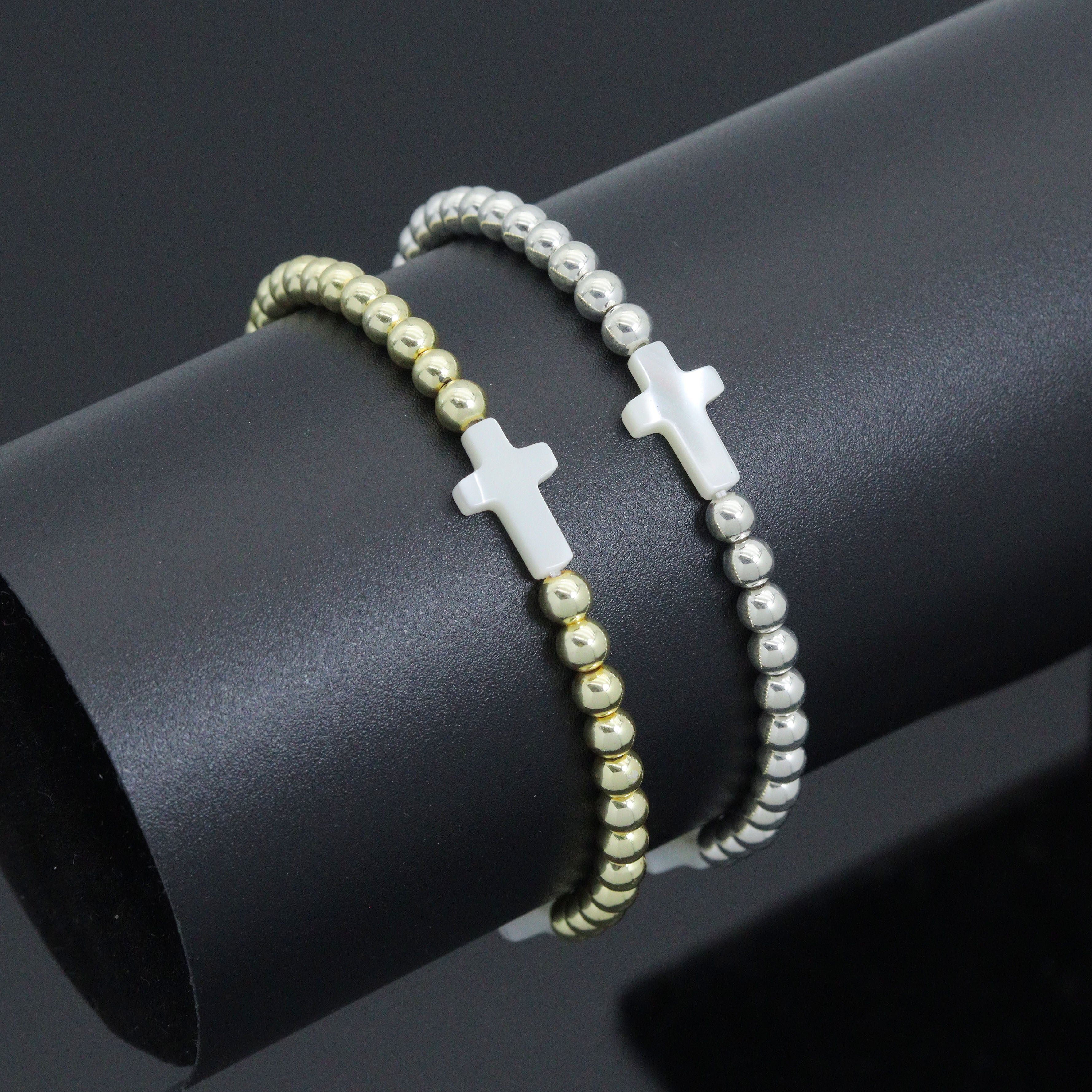 Hematite with Mother of Pearl Cross Stretchy Bracelet, Sku#EF776