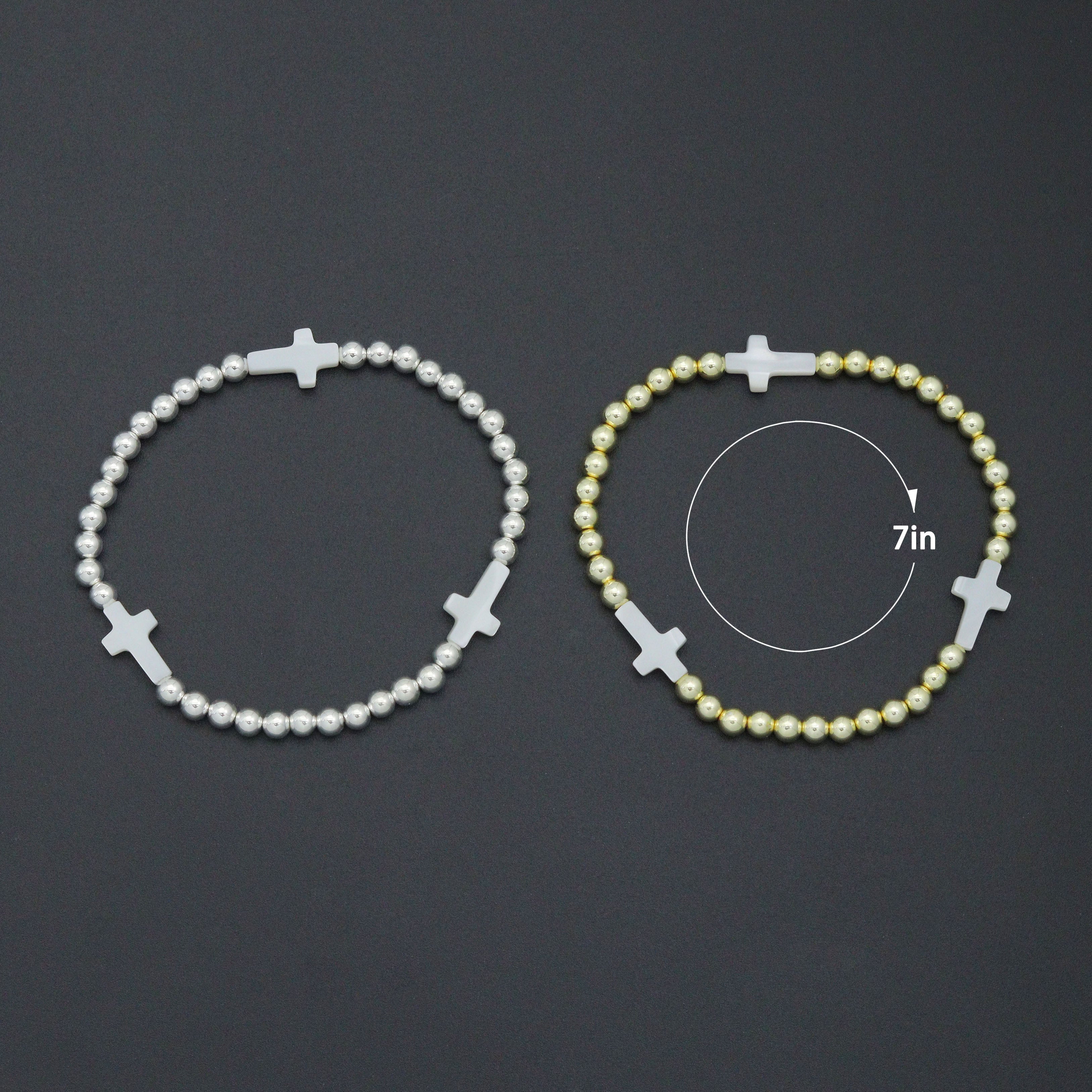 Hematite with Mother of Pearl Cross Stretchy Bracelet, Sku#EF776