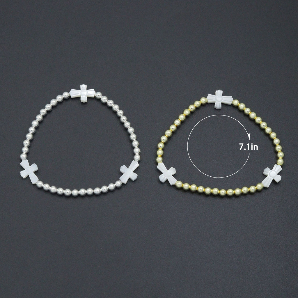 Hematite with curved Mother of Pearl Cross Stretchy Bracelet, Sku#EF777