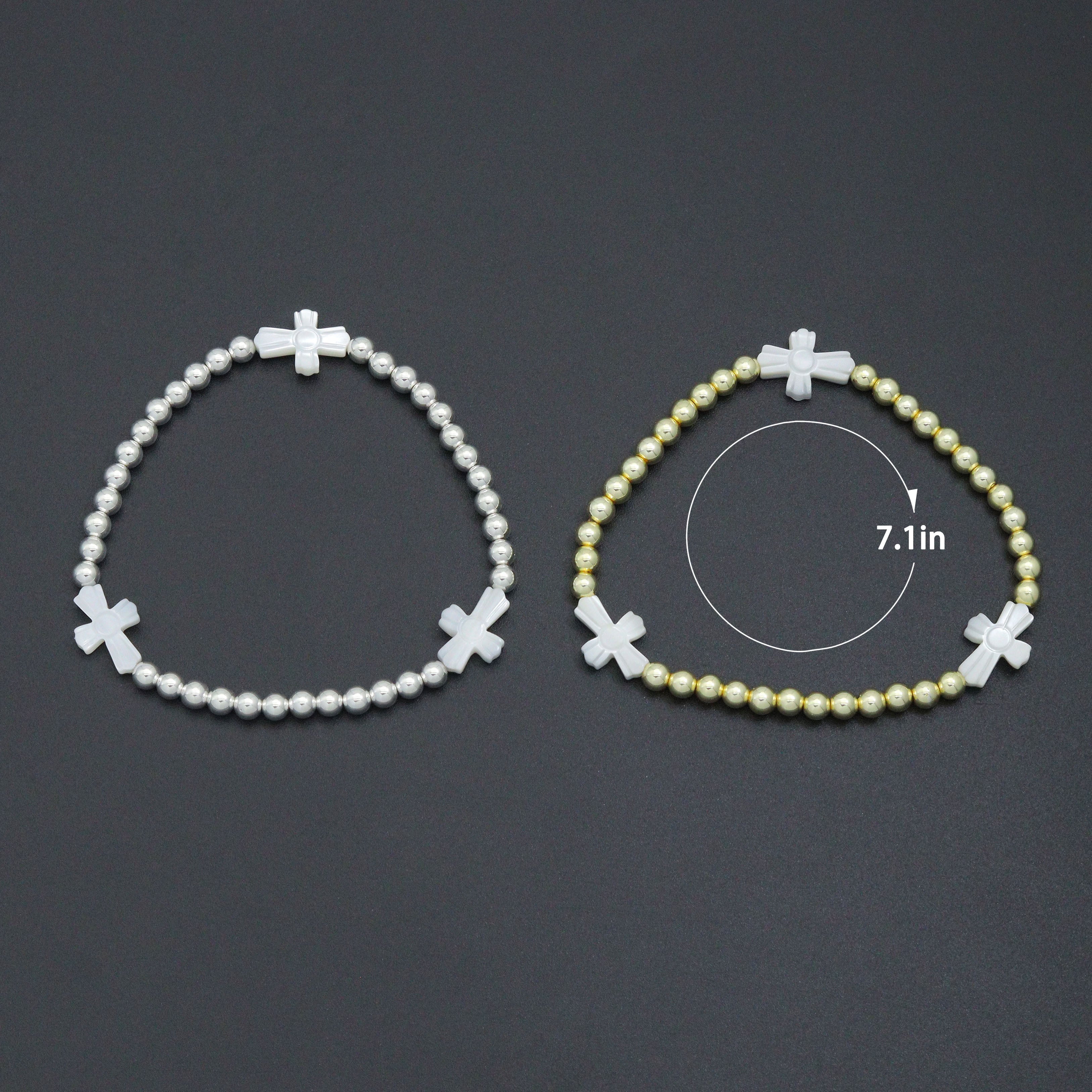 Hematite with curved Mother of Pearl Cross Stretchy Bracelet, Sku#EF777