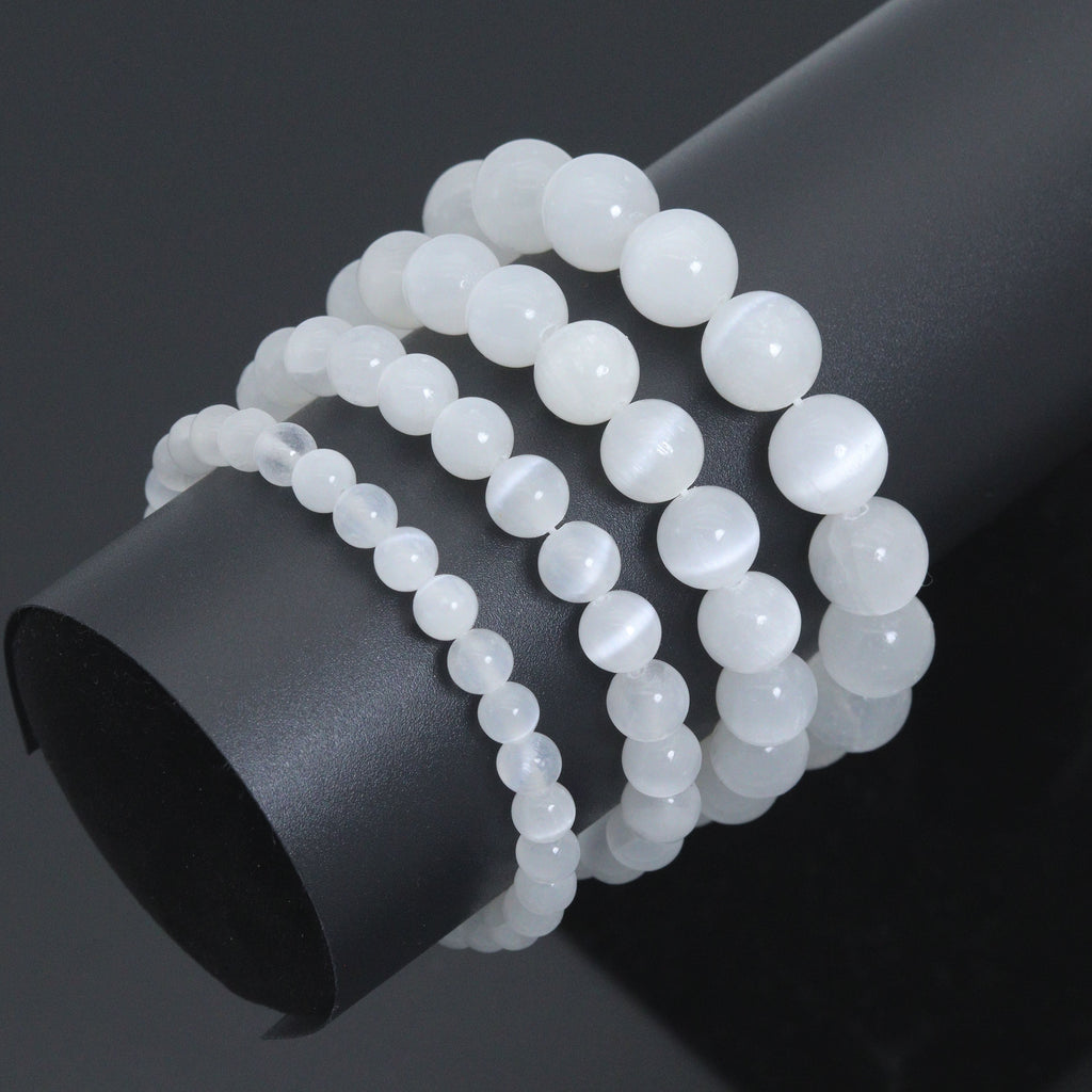 Genuine Round Smooth Selanite Stretchy Bracelet, Sku#EF779