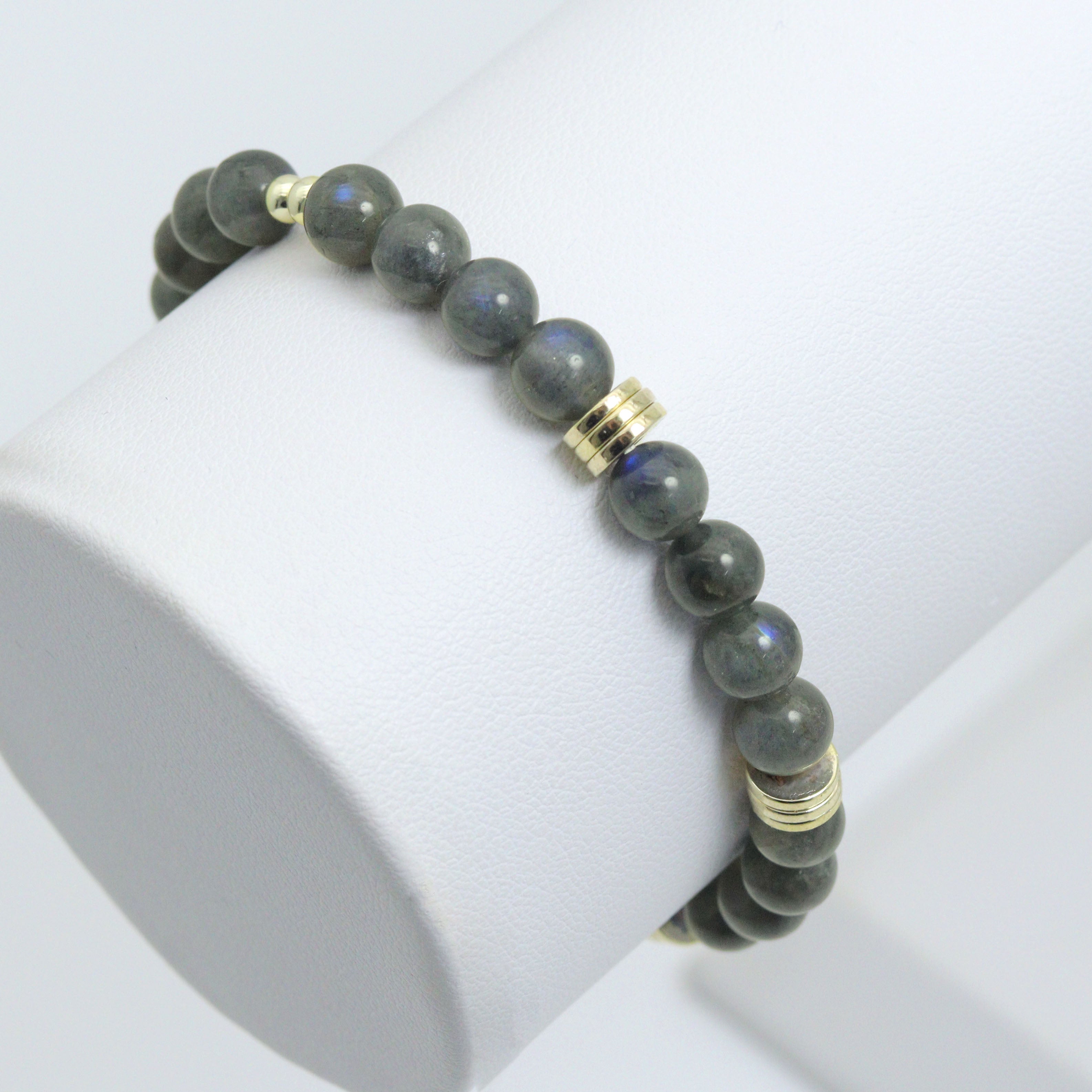 Smooth Round Labradorite with gold spacer stretchy bracelet, EF794