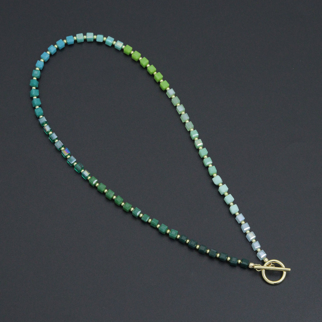Ombré Green Color Cube Stone Necklace with Toggle clasp , Sku#EF796