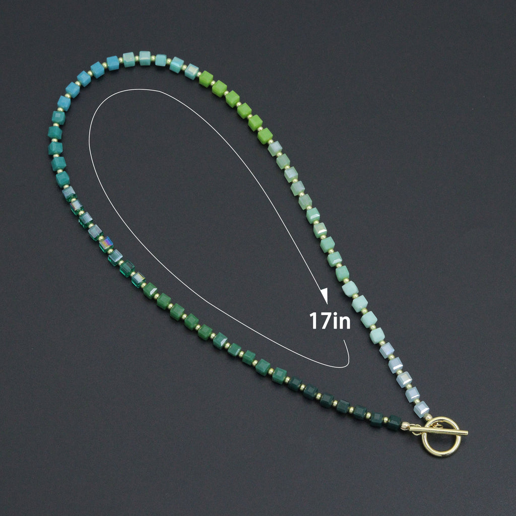 Ombré Green Color Cube Stone Necklace with Toggle clasp , Sku#EF796