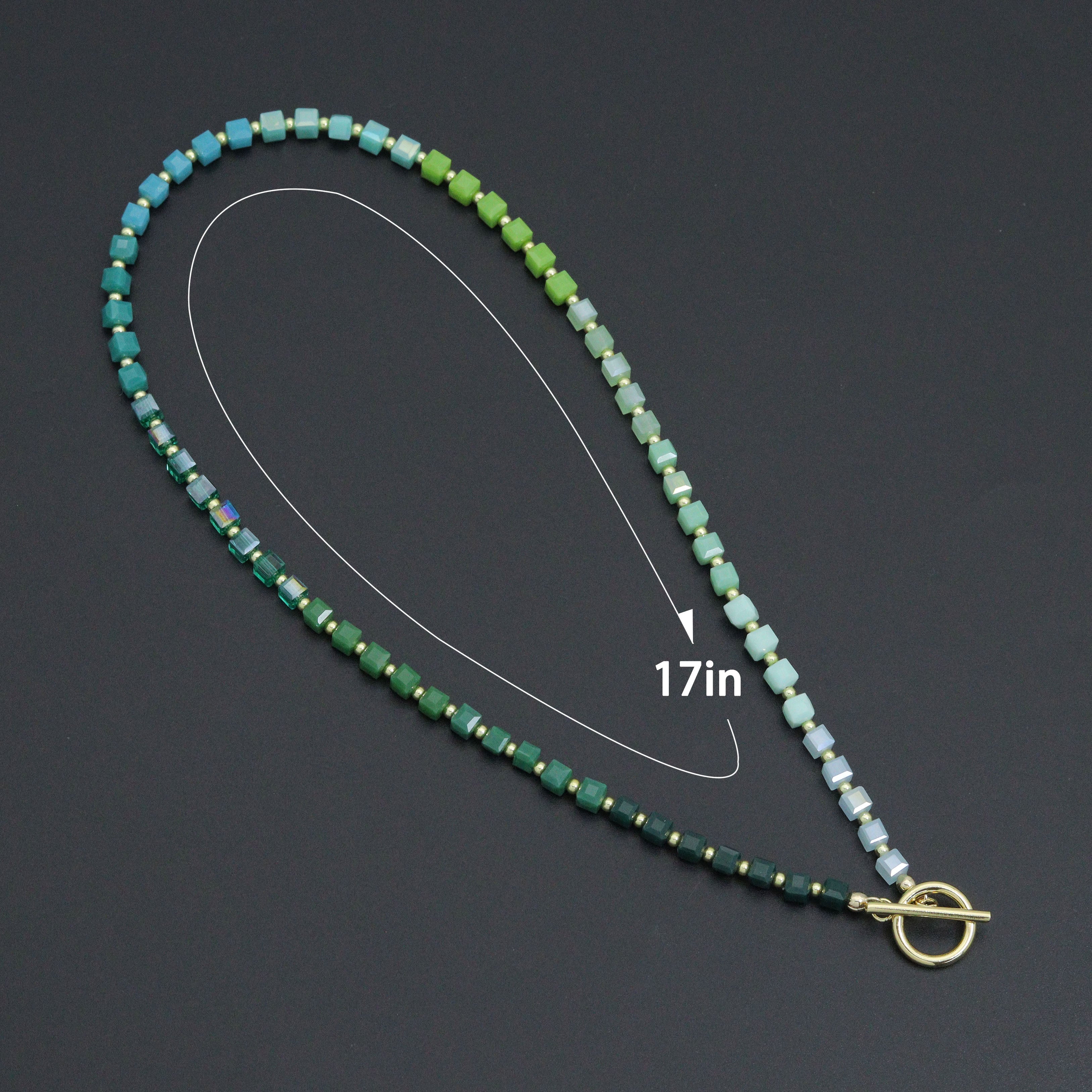 Ombré Green Color Cube Stone Necklace with Toggle clasp , Sku#EF796
