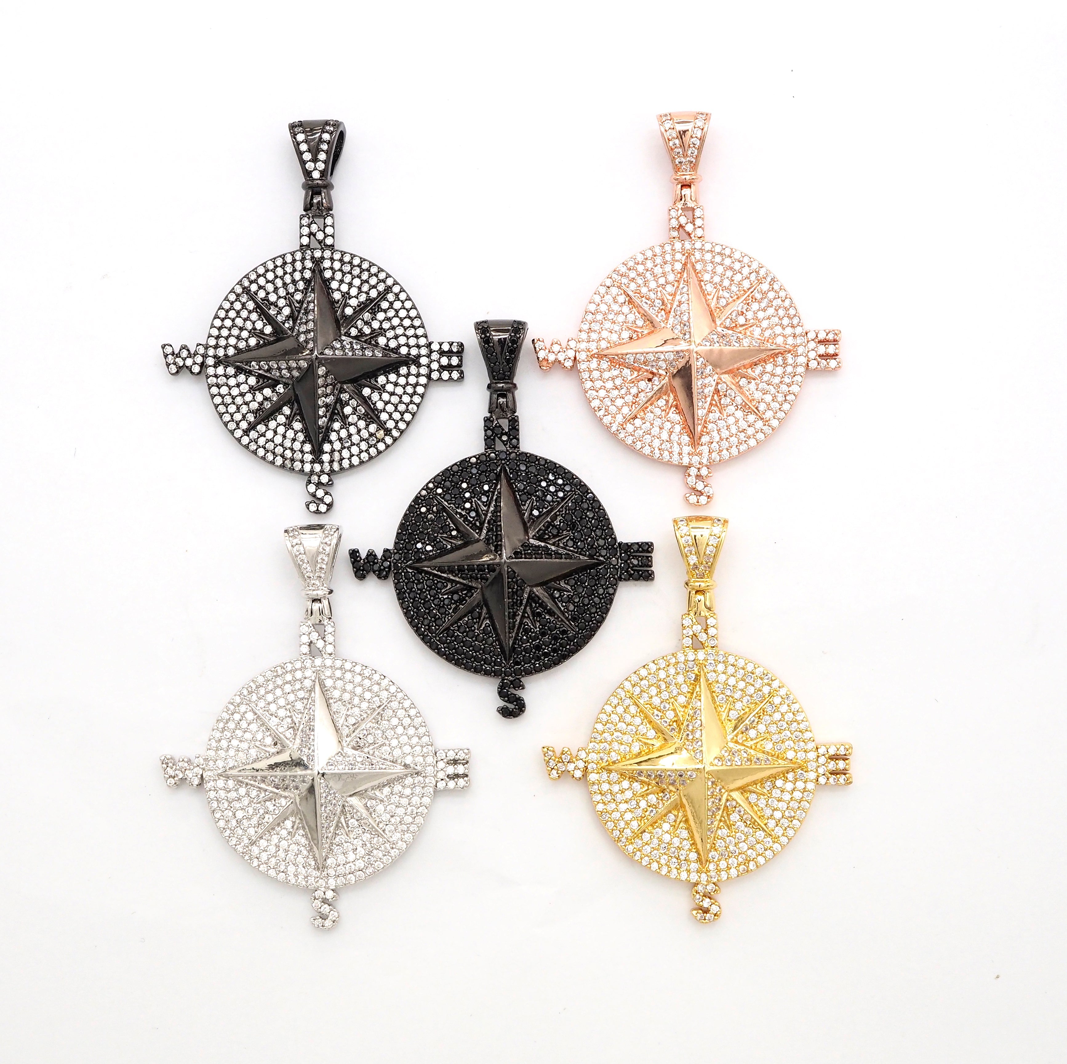 Black CZ Pave On Black Micro Pave Round Compass Pendant/Charm with Star ,Cubic Zirconia Pendant, 38x50mm, sku#F529/F411