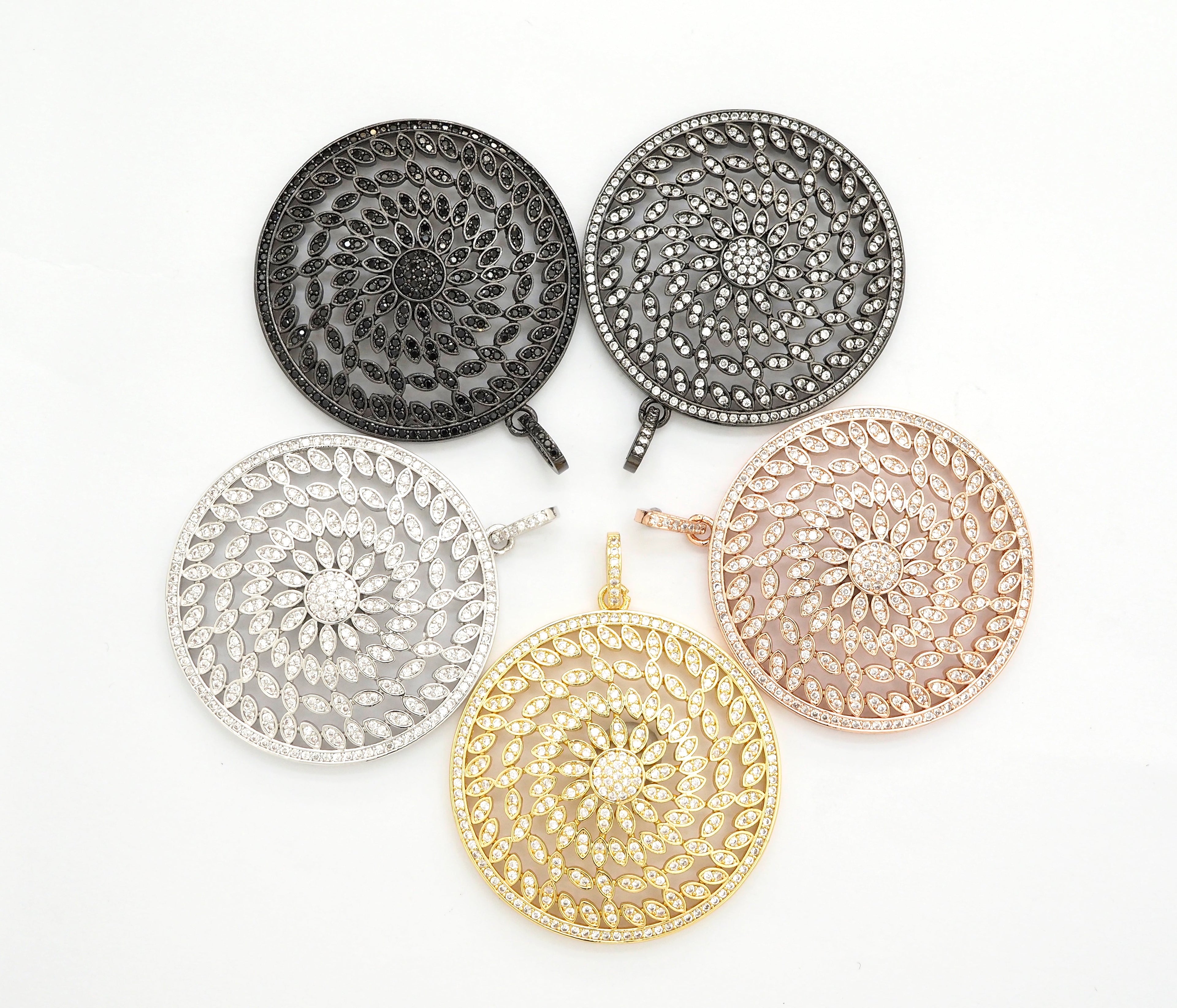 40mm Large CZ Micro Pave Hollow out Filigree Round Disc Pendant, Cubic Zirconia Rose Gold/Gold/Silver/Black Focal Pendant, 40x43mm, F498C