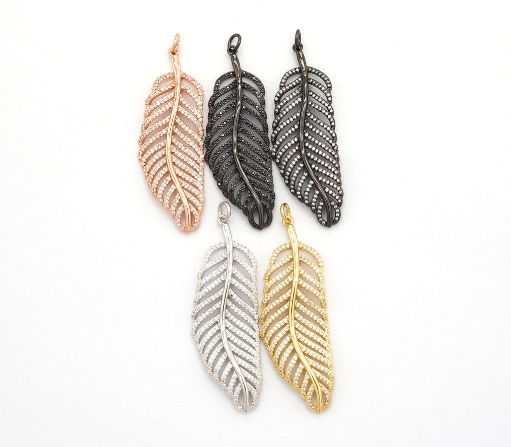 56mm Large CZ Micro Pave Leaf Pendant with Jump Ring, Gold/Silver/Black/Rose Gold Plated, Cubic Zirconia Leaf Pendant/Charm,sku#F512