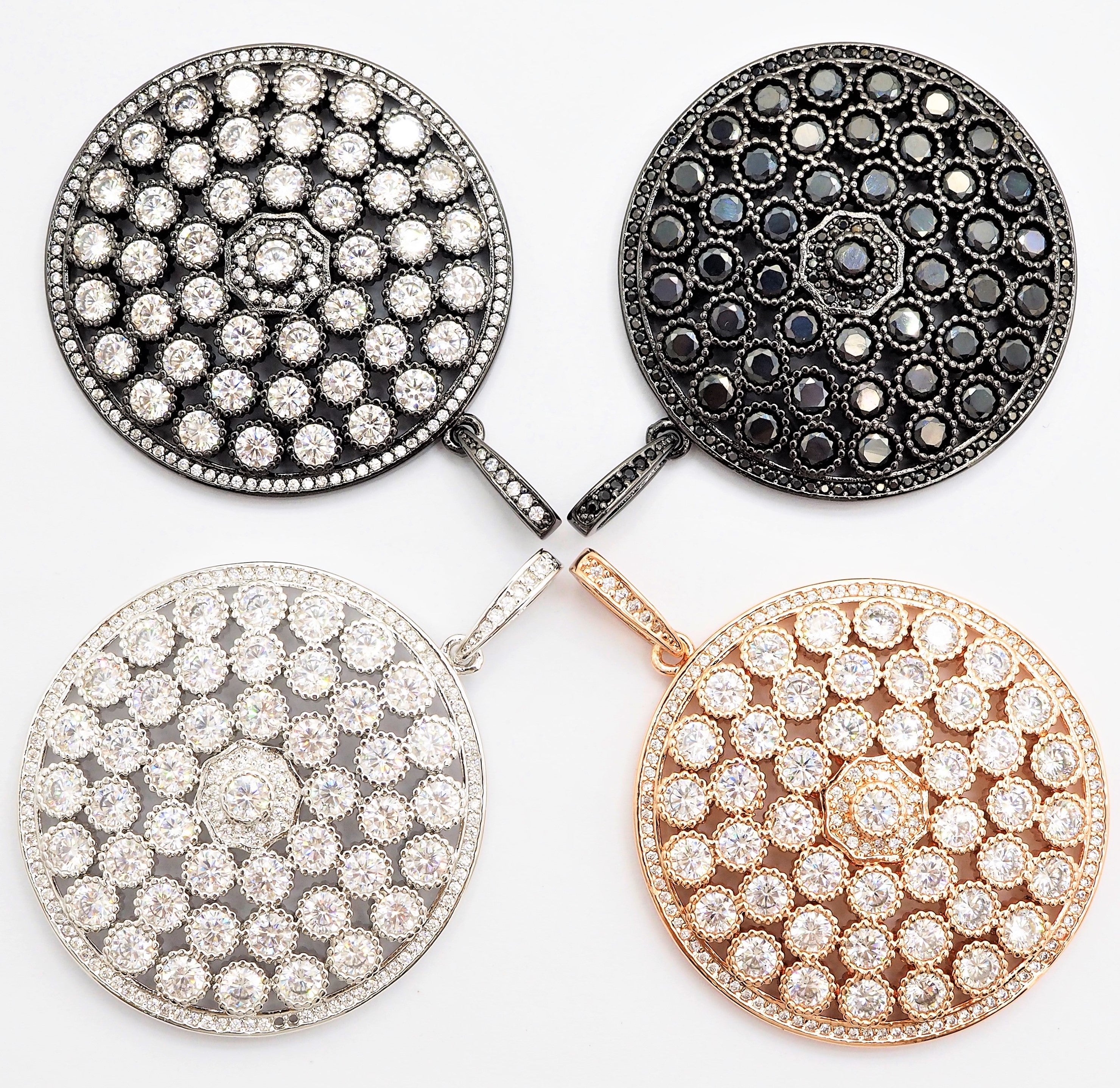 40mm Large CZ Micro Pave Filigree Round Disc Pendant, Cubic Zirconia Rose Gold/Silver/Black Focal Pendant, sku#F545