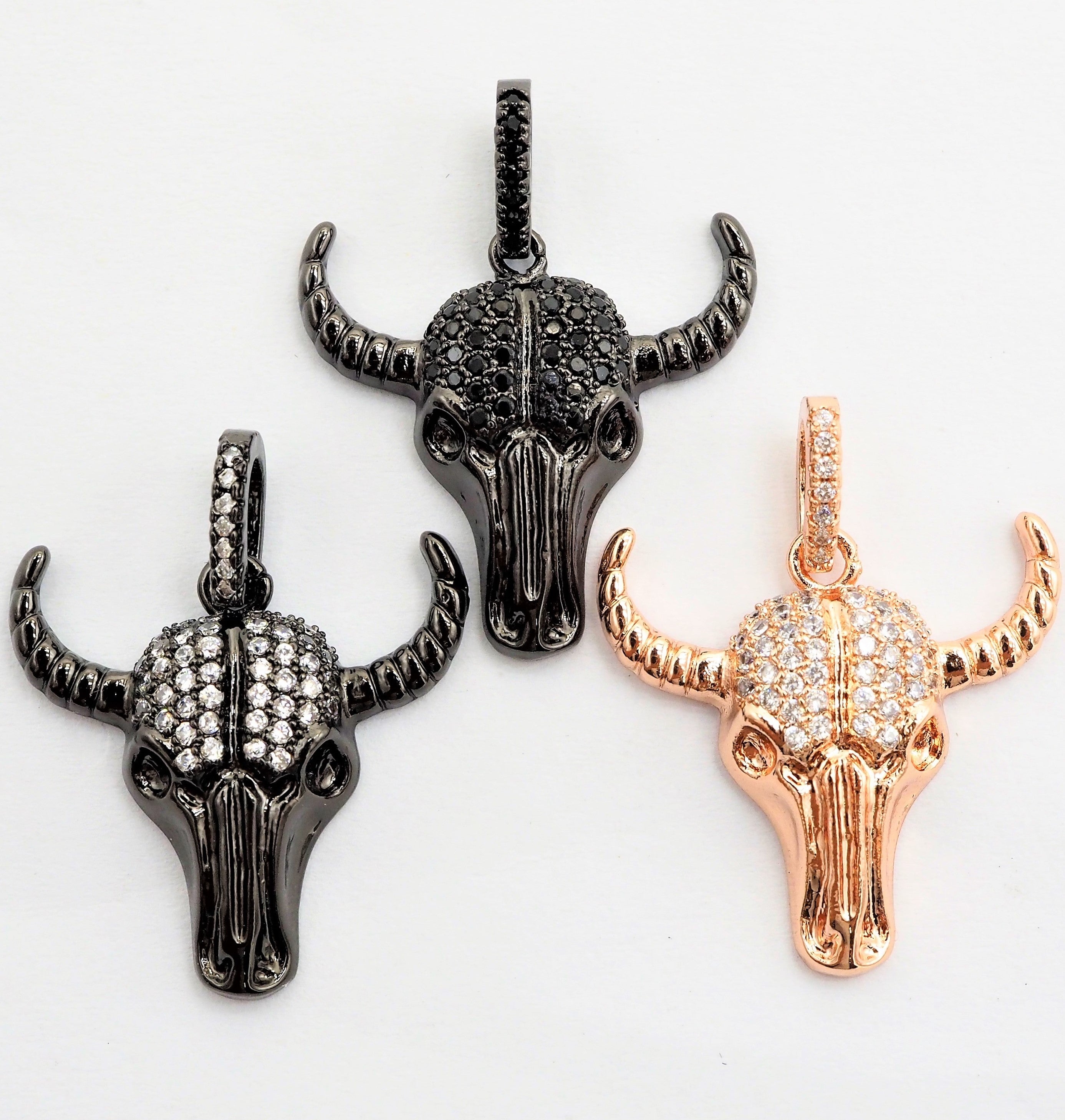 CZ Micro Pave Bull Skull Pendant, CZ Long Horn Charms,ox head, Bull Horn Charms, Antelope Head Pendant, Black/Rose Gold, 22mm,SKU#F548