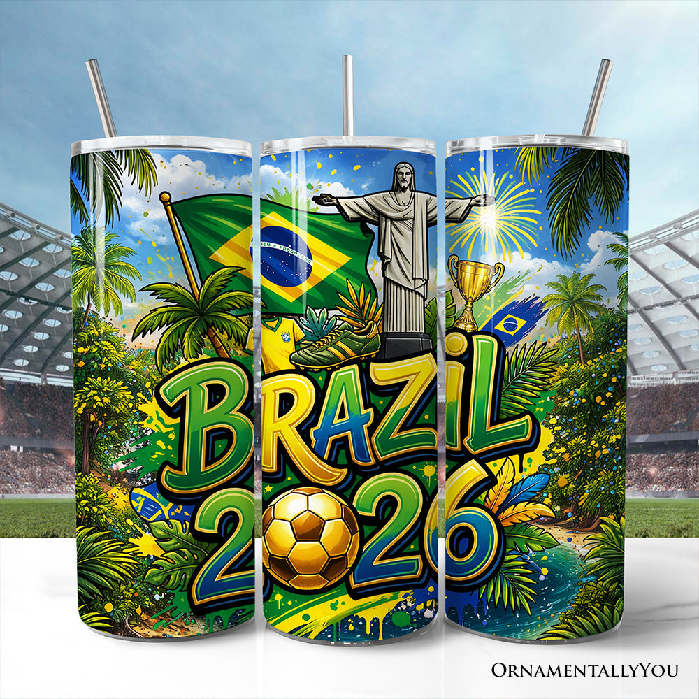 Tumbler de 20 oz avec couvercle et paille en acier inoxydable, Coupe du Monde de Football Brésil 2026, Cadeau pour les fans de football