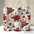 Elegant Red and Cream Flowers 20oz Personalized Tumbler With Lid and Stainless Steel Straw, Classic Floral Pattern Gift Cup