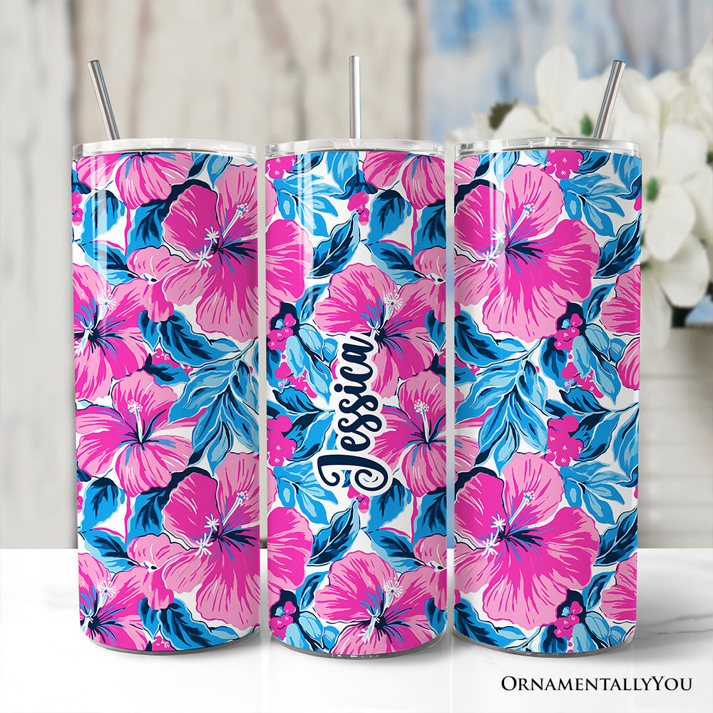 Gobelet isotherme personnalisé 20 oz avec couvercle et paille en acier inoxydable, fleurs d'hibiscus roses et bleues, tasse cadeau florale estivale et vibrante