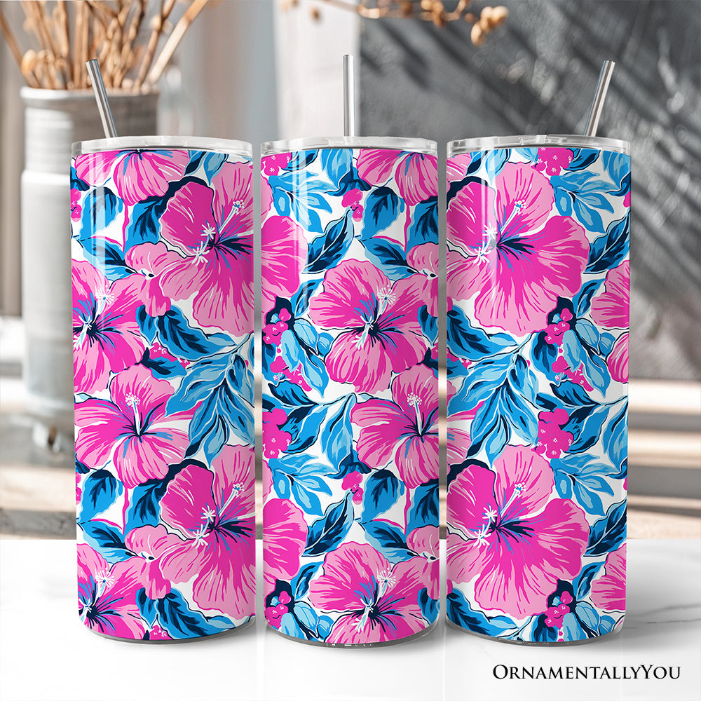 Gobelet isotherme personnalisé 20 oz avec couvercle et paille en acier inoxydable, fleurs d'hibiscus roses et bleues, tasse cadeau florale estivale et vibrante
