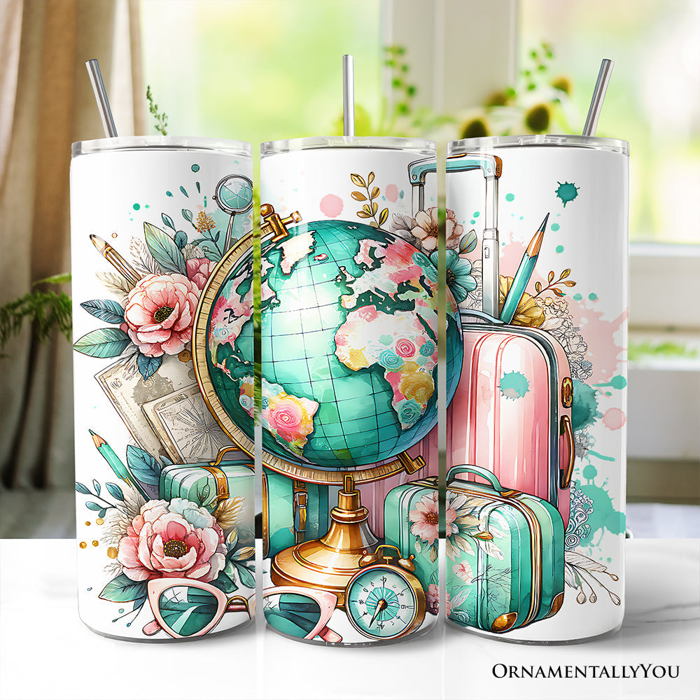 Gobelet isotherme personnalisé 20 oz « Wanderlust Girl » rose et sarcelle avec couvercle et paille en acier inoxydable, tasse cadeau pour voyageuse aventurière à motifs floraux