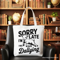 Sorry I'm Late Funny Lamb Tote Bag, Retro Dilly Dallying Gift Shopper for Quirky Women
