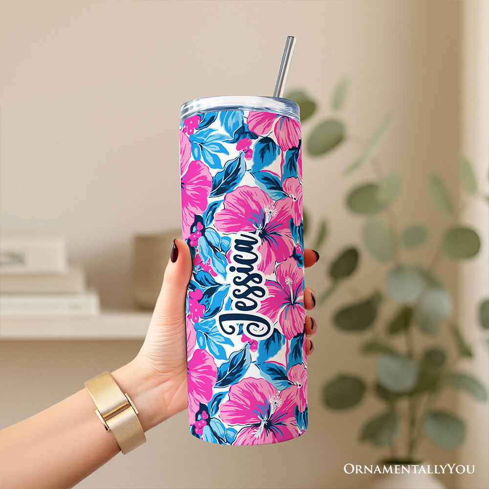 Gobelet isotherme personnalisé 20 oz avec couvercle et paille en acier inoxydable, fleurs d'hibiscus roses et bleues, tasse cadeau florale estivale et vibrante