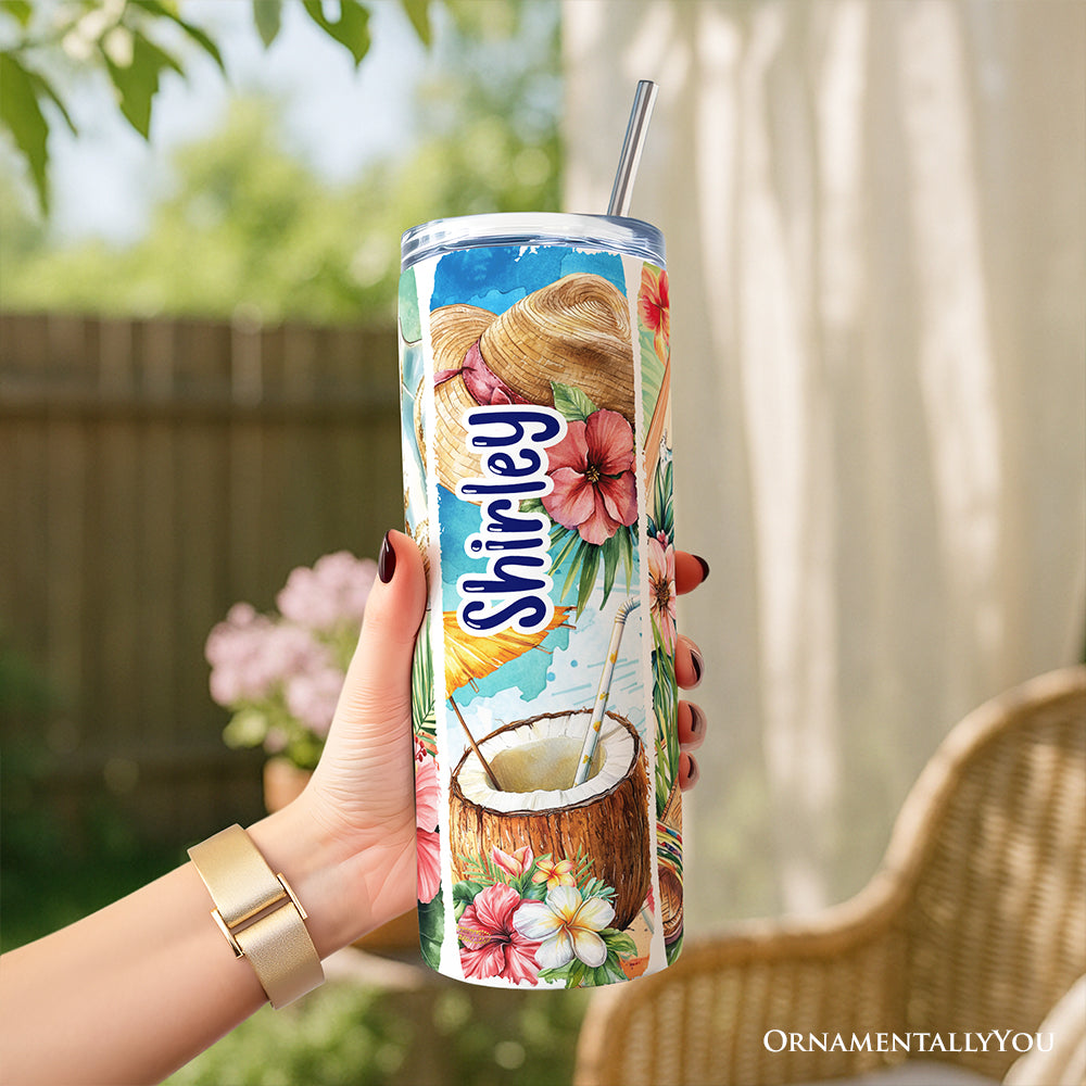 Summer Vibes 20oz Personalized Tumbler With Lid and Stainless Steel Straw, Brushstrokes Beach with Coconut and Flowers Gift Cup