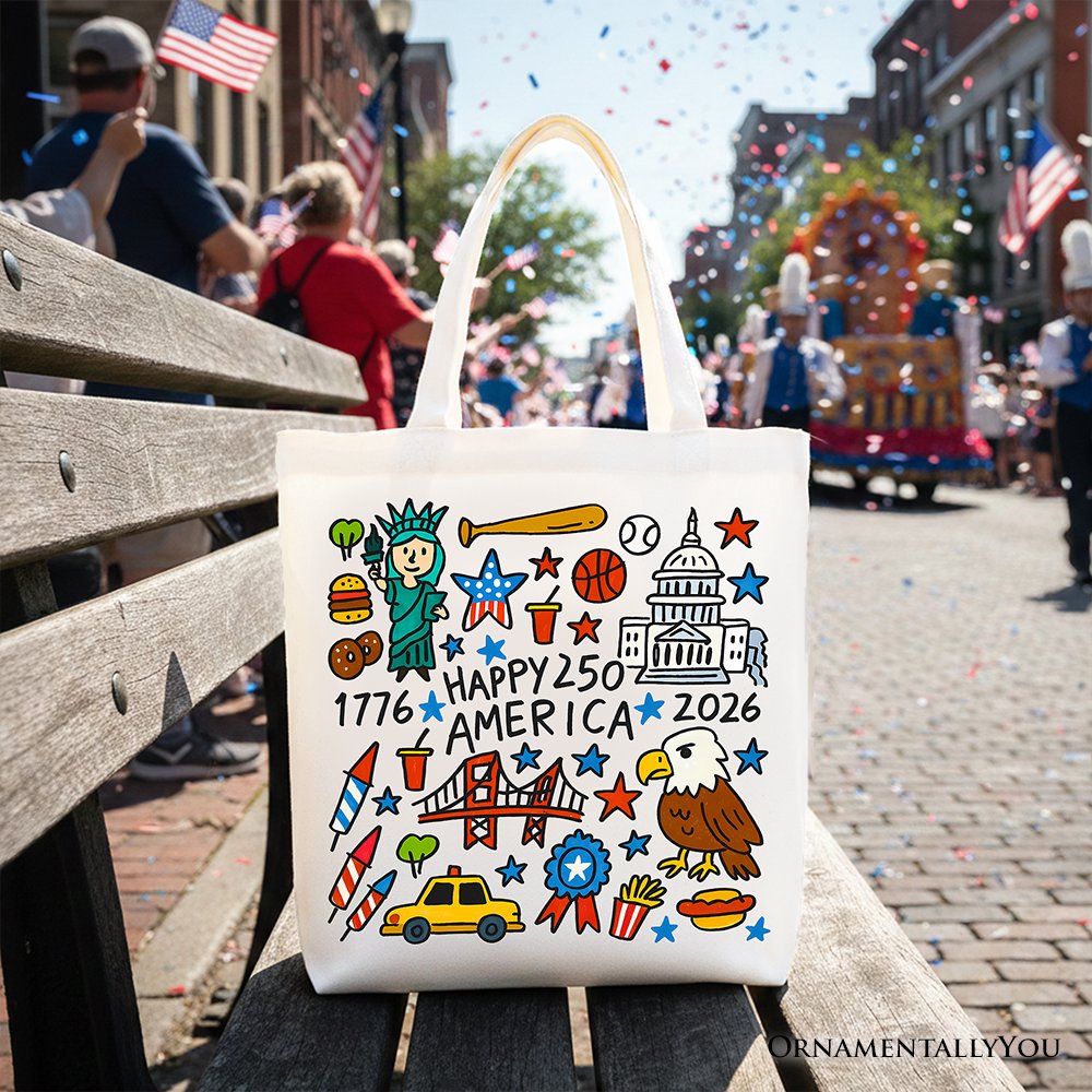 Happy 250 America Doodle Tote Bag, Patriotic USA 1776-2026 250th Anniversary Gift Shopper