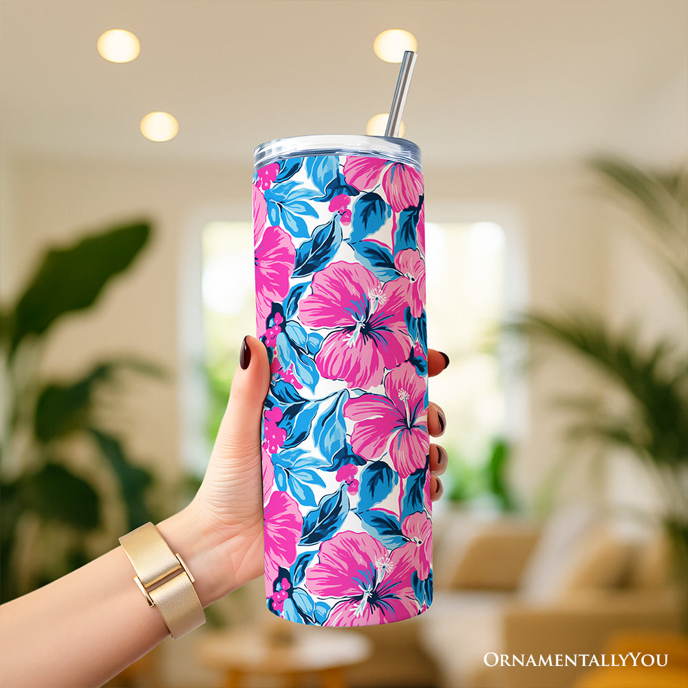 Gobelet isotherme personnalisé 20 oz avec couvercle et paille en acier inoxydable, fleurs d'hibiscus roses et bleues, tasse cadeau florale estivale et vibrante