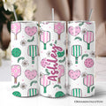 Sporty Coquette Pink Retro Pickleball 20oz Personalized Tumbler With Lid and Stainless Steel Straw, Valentine Travel Mug Gift