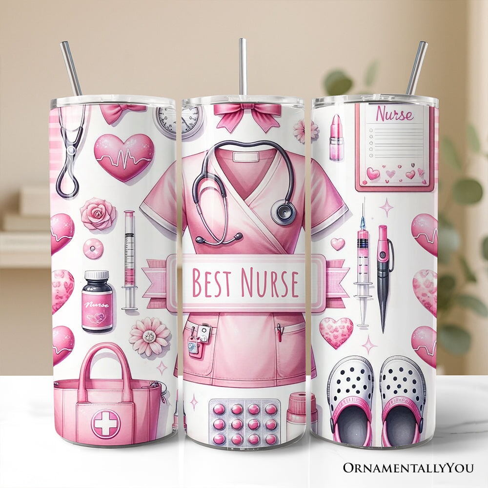 Gobelet personnalisé « Pink Nurse Life » de 590 ml avec couvercle et paille en acier inoxydable, tasse cadeau pour les professionnels de la santé