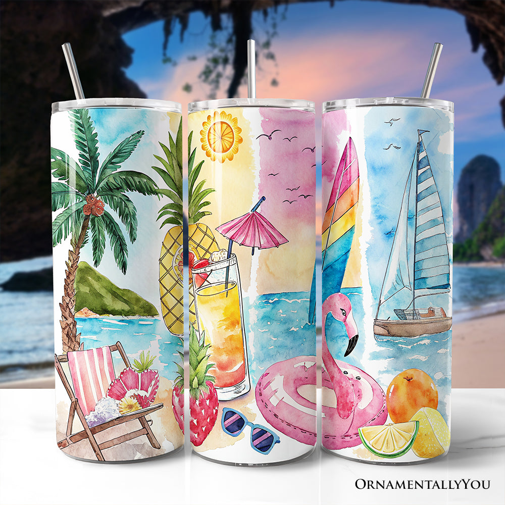 Gobelet personnalisé 20 oz "Summer Vibes" avec couvercle et paille en acier inoxydable, tasse cadeau pour vacances à la plage, motif coups de pinceau