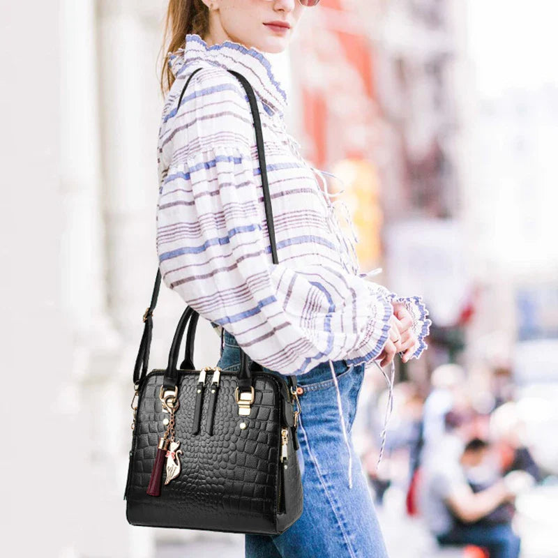 Sac à main de luxe motif crocodile pour femmes | Sac à bandoulière en cuir PU à pompons, nouvelle collection hiver (sac à main de marque, sac à main pour femme)