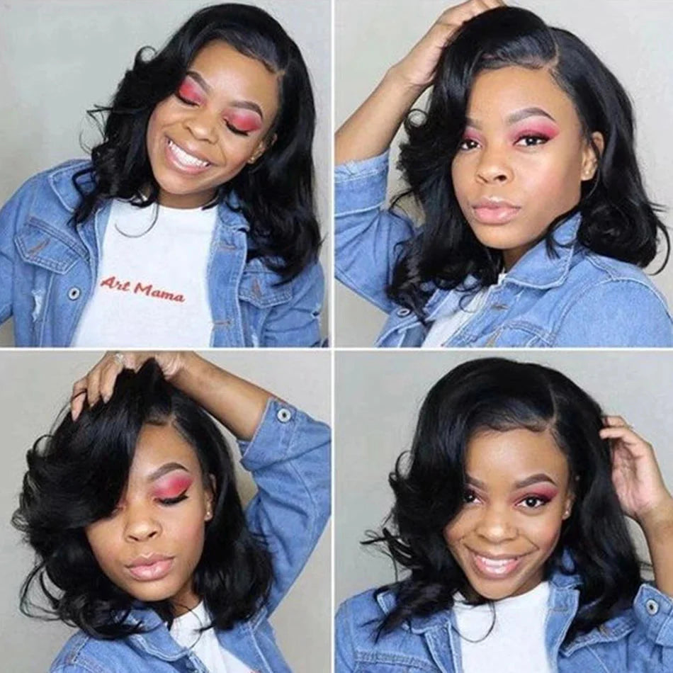 Perruque courte sans colle Body Wave Bob | Perruque Lace Frontale 13x4 Transparente en Cheveux Humains Brésiliens (Pré-épilée, prête à porter)