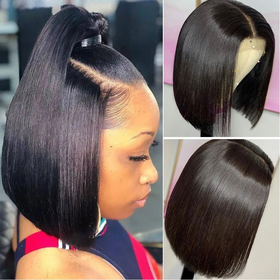 Perruque Bob Courte Droite Sans Colle 13x4 Lace Front Pré-Épilée avec Fermeture 4x4 Cheveux Humains Brésiliens Remy Ultra Lisses